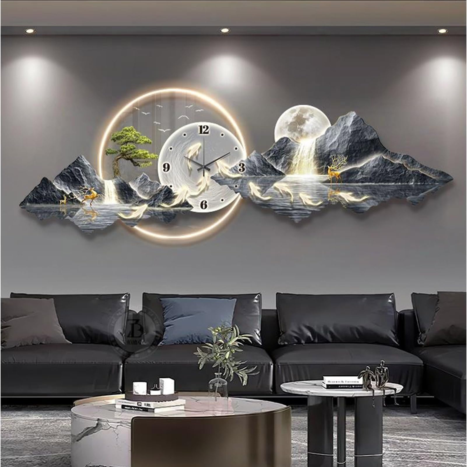 3d Art Wall Decor Sculptures, Landscape Painting with Modern Living Room Decoration Lamp Clock - Oriental Traditional Chinese Feng Shui Welcoming Pine Hanging Painting