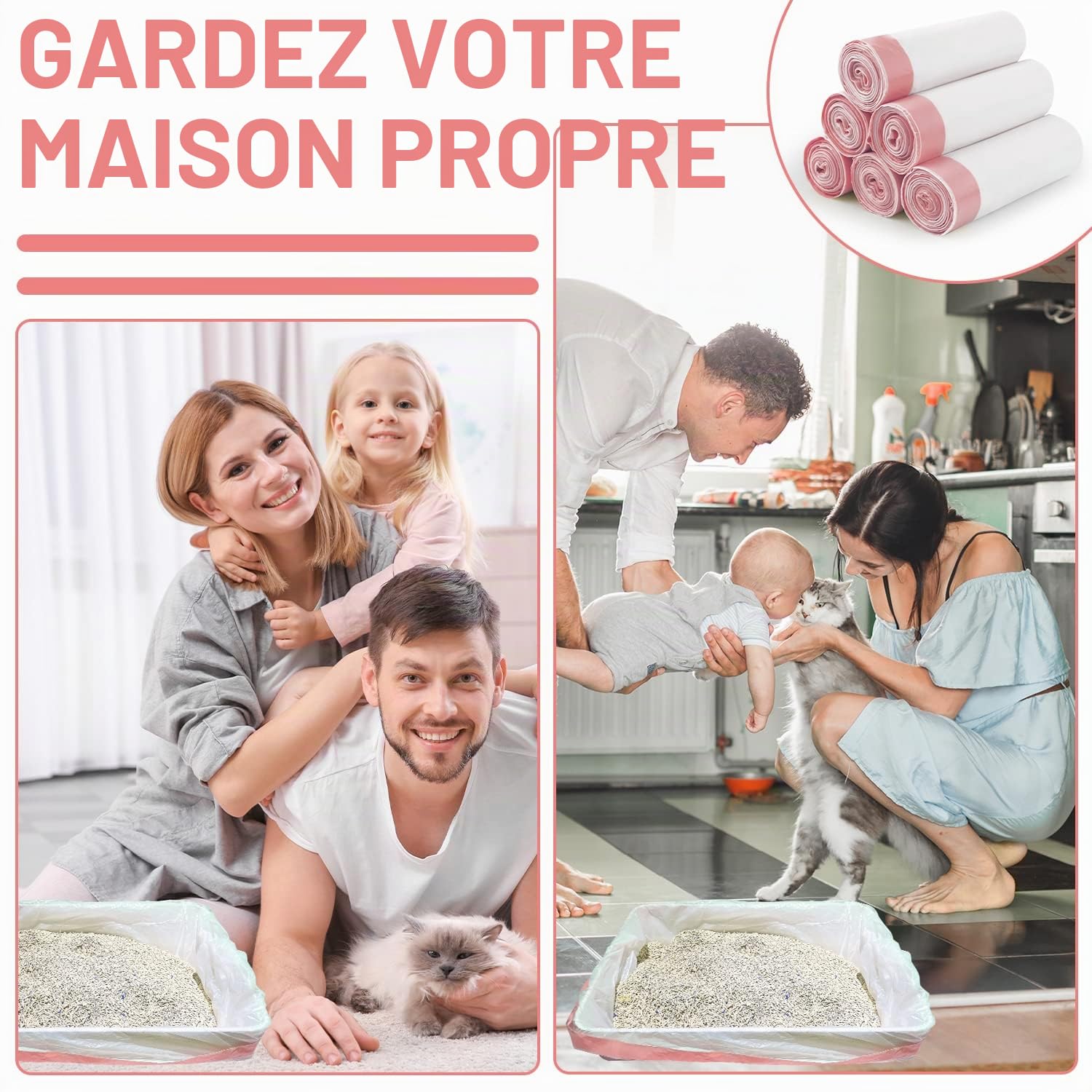 AIEX 60pcs Doublures Sac à Litière pour Chat, Grandes Doublures de Litière Jetables pour Chat avec Cordon de Serrage pour Fournitures de Déchets pour Chat (91 x 45 cm)