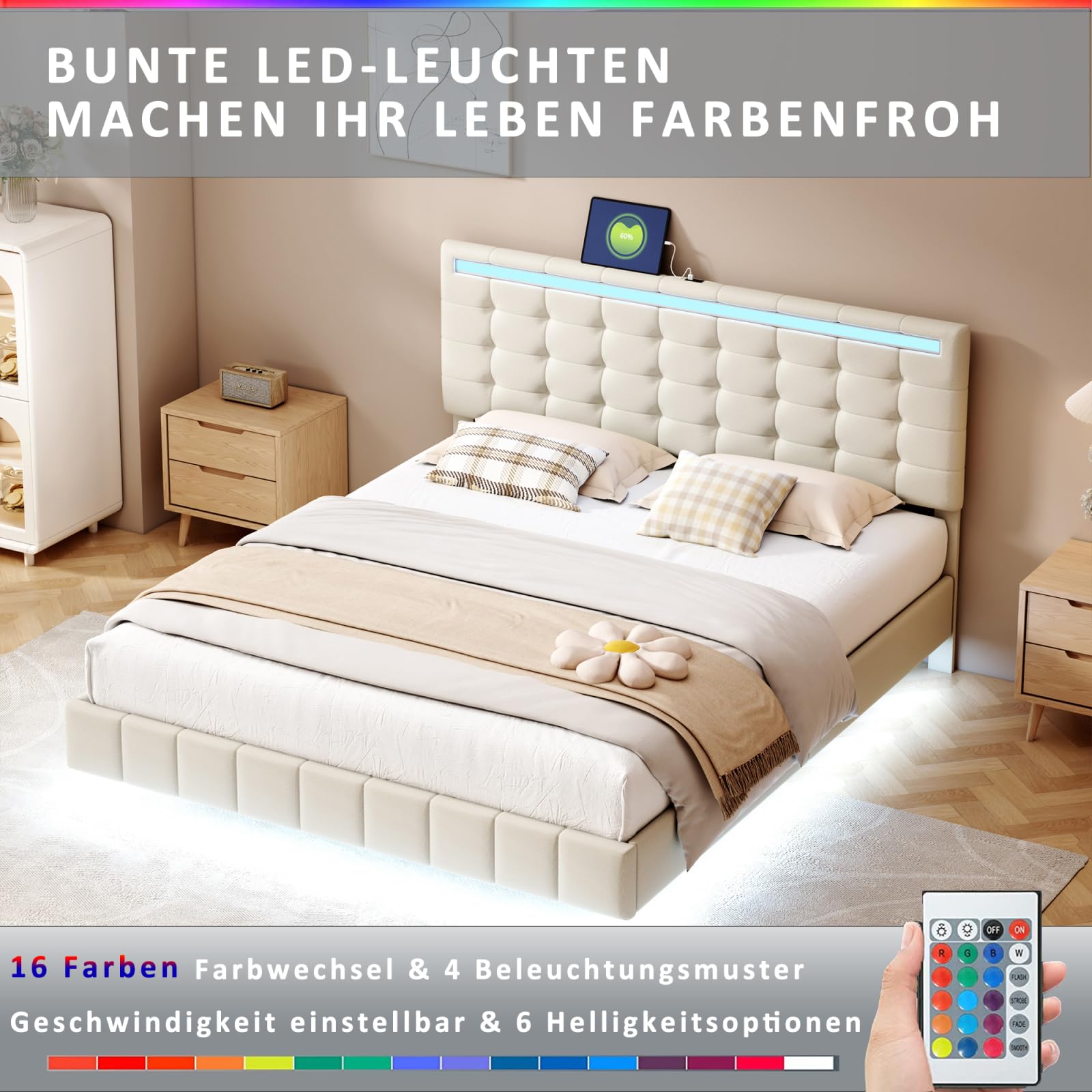 PerGar Cama tapizada 160x200 cm, Marco de Cama somier Flotante Acolchado con Luces diseño de cabecero, hidráulico con Espacio de almacenaje, Multifunción con Toma USB y luz LED, Lino (Beige, 160x200)