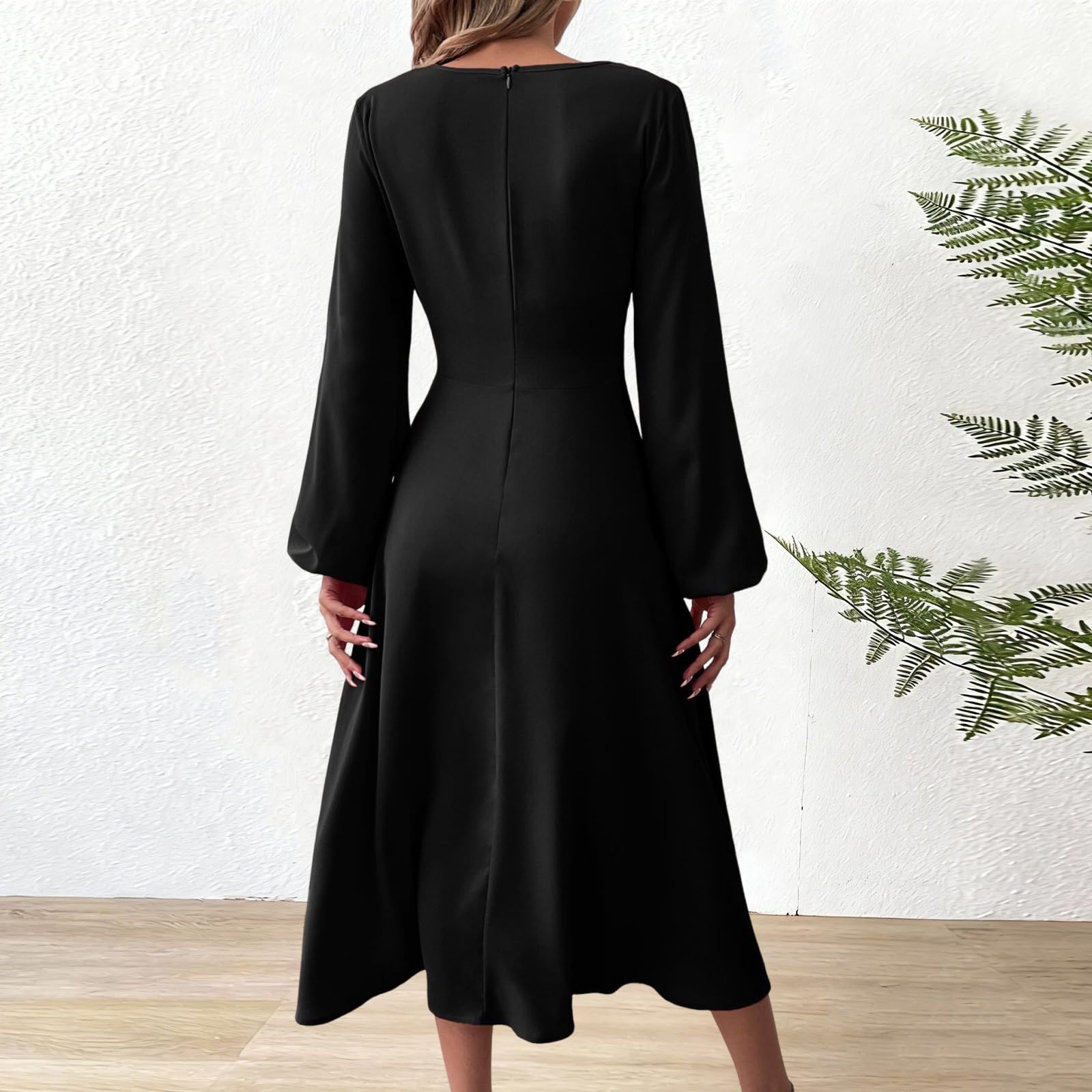 Vestidos de Fiesta Mujer Elegante Manga Larga Midi Vestido de Cóctel Plisado Sexy Cuello en V Bodycon Vintage A-línea Formal Vestido para Invitada Boda Noche Otoño Invierno