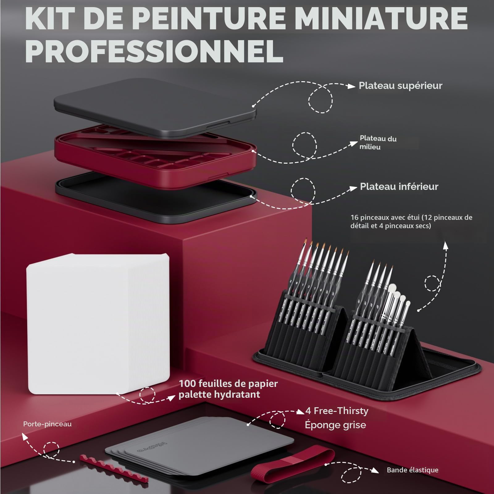 Nicpro Kit de Peinture Miniature Professionnel, Palette Peinture Humide, 16 pinceaux de détail, Pinceau Sec avec Sac en Nylon, 100 Feuilles de Papier, 4 éponges et Palette de mélange pour maquettes