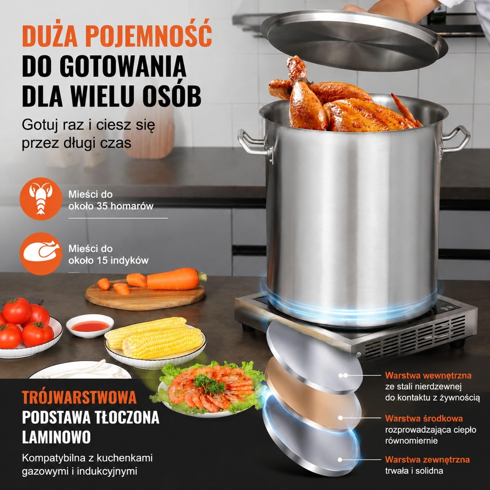 Garnek ze stali nierdzewnej 39,7 l, pokrywka, dno kompozytowe, uchwyty boczne do zupy, szparagów oraz sosu