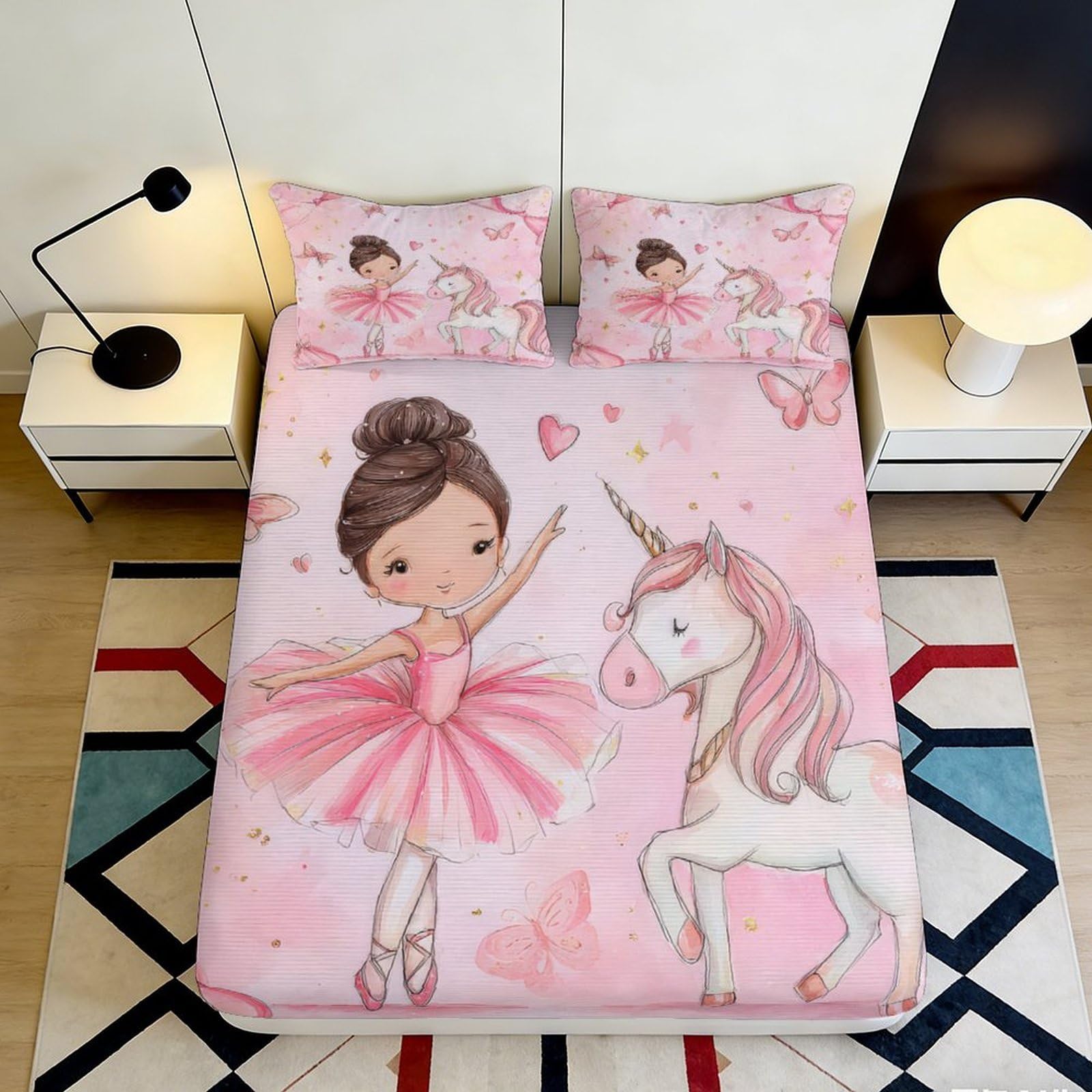 Pnayamiorkfel Style-3 3D Printed Ballerina Unicorn Fitted Sheet Microfiber Pink Cartoon Bed Cover Anti-Slip For Bedroom Guest Room Decor 90X200x25cm
