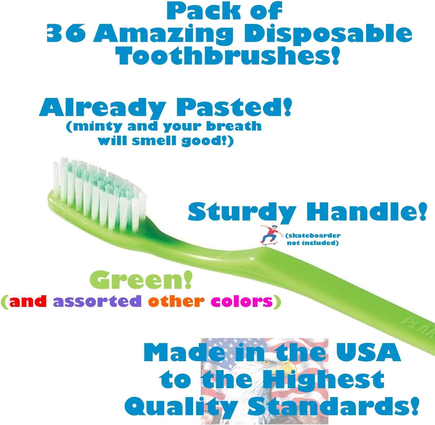 Plak Smacker Mintburst Prepasted Individually Wrapped Toothbrush - Single Use or for Travel Toothbrushes - Made in The USA - Toothbrush with Toothpaste (Multicolor, Box of 144)