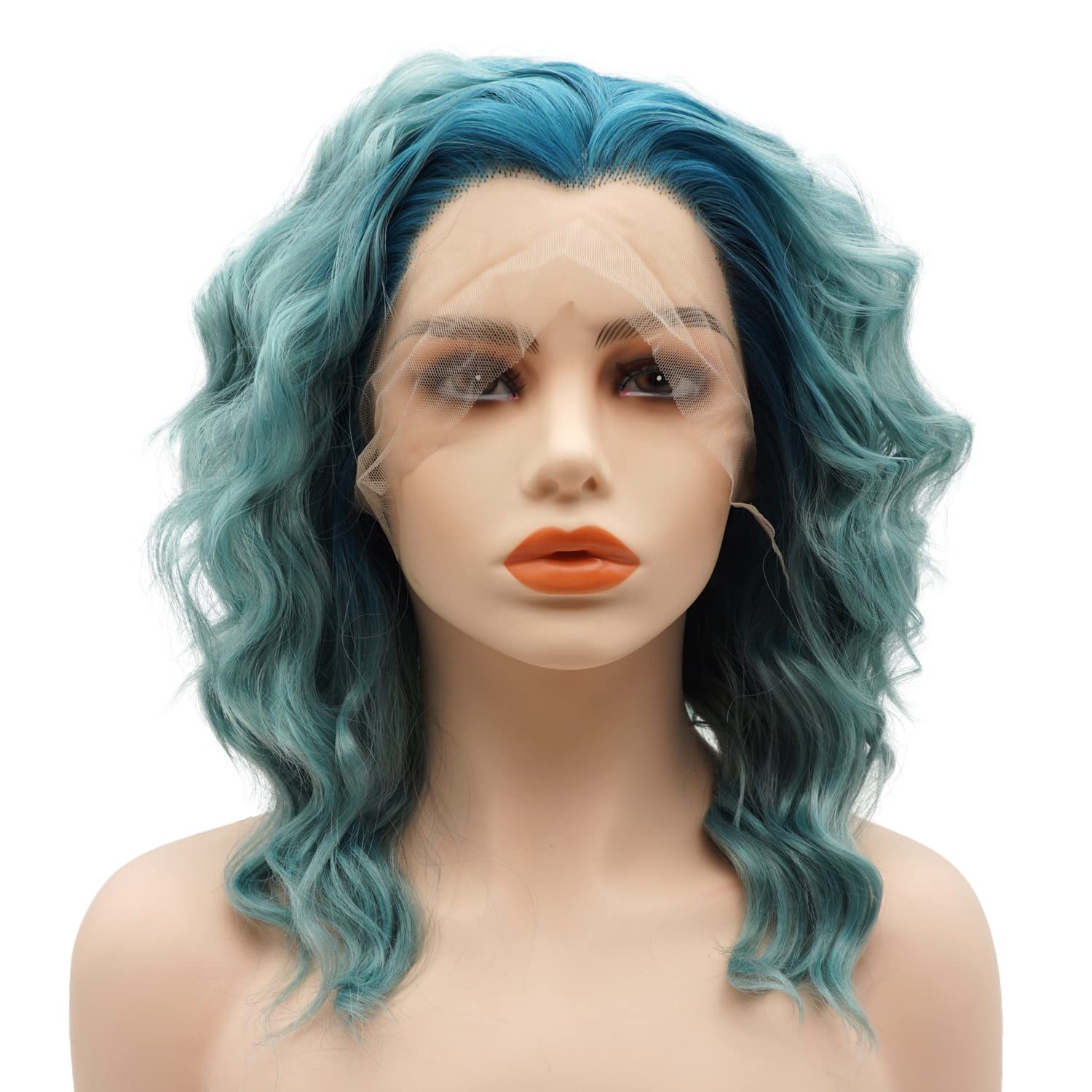 Hair Synthetic Lace Front Wig Wavy Short 14inch Blue Root Light Blue Ombre Heavy Density Realistic Wig
