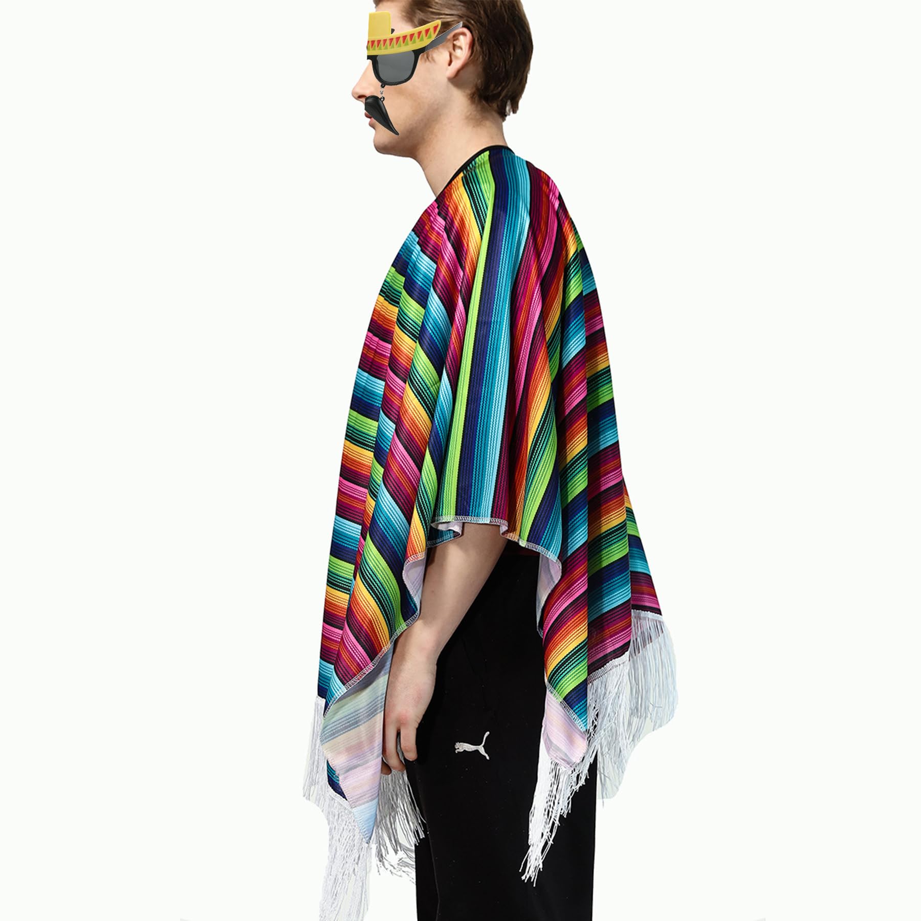 MOYAGA Mexican Fancy Dress - Set of 2 Fuchsia, Green & Blue Mexican Poncho, Mexican Moustache Straw Hat and Funny Glasses, Mens Fancy Dress Costume, Mexican Party Spoof Outfits - Image 4