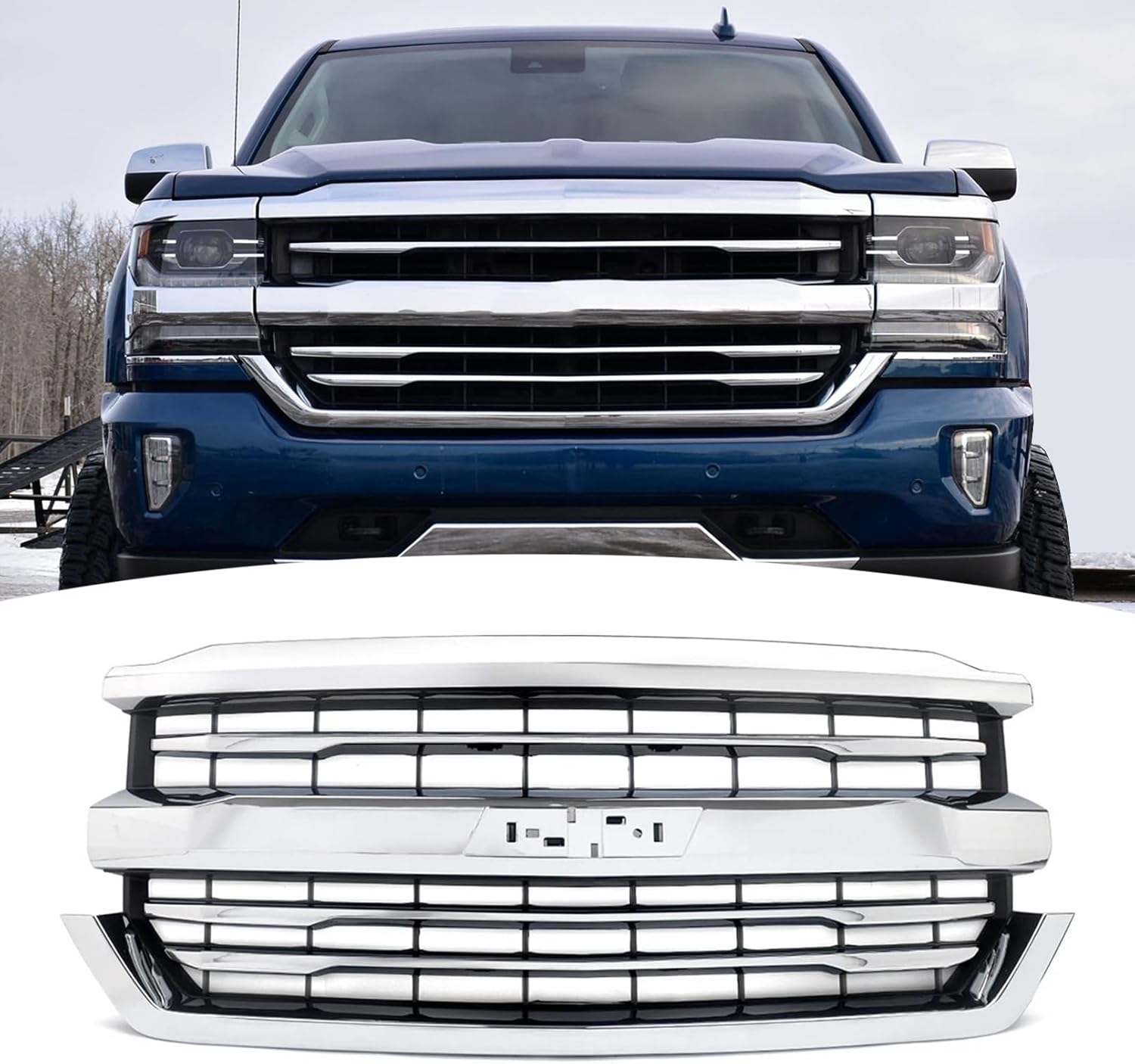 Front Bumper Upper Grille Grill Fit For 2016 2017 2018 Chevrolet Silverado 1500 Replacement for 84134045,84602489 (Black base + Chrome Frame)