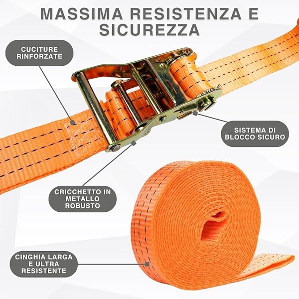 Cinghia con Cricchetto 5m x 50mm Set 2 Pezzi | Cinghia Ancoraggio per Fissaggio Carico | Cinghia Trasporto per Rimorchio Auto - 5