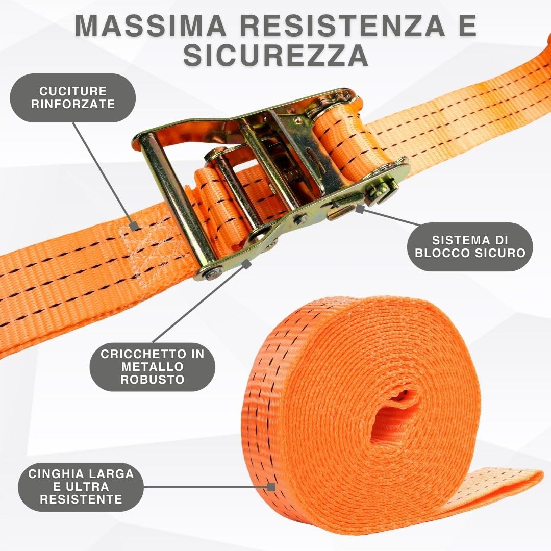Cinghia con Cricchetto 5m x 50mm Set 2 Pezzi | Cinghia Ancoraggio per Fissaggio Carico | Cinghia Trasporto per Rimorchio Auto