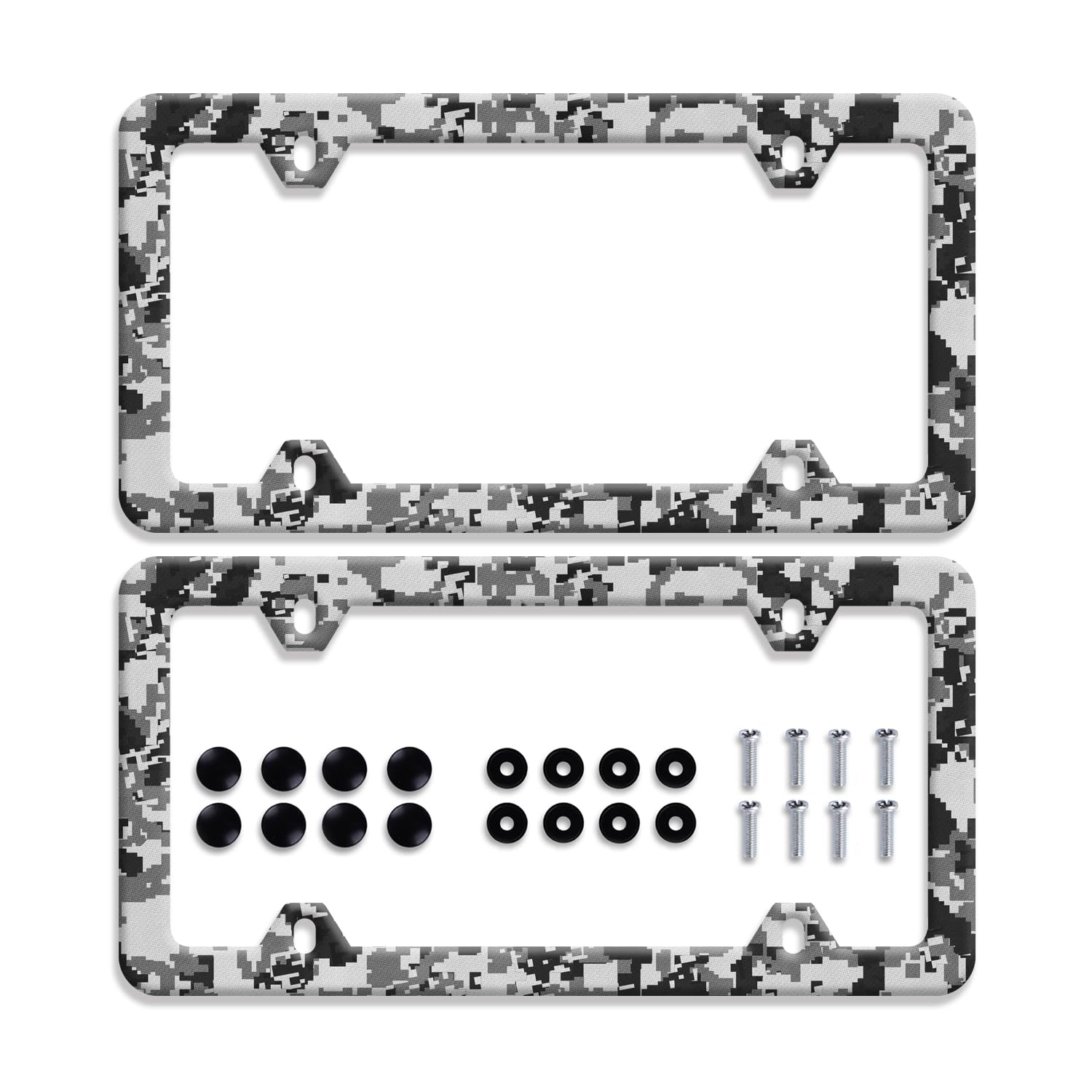 Photo 1 of ?2Pcs? Mosaic Camouflage License Plate Frame Black Gray License Plate Frames Stainless Steel Accessories Cars Decor with 4 Holes and Screws Fits Standard US CA Vehicles Size 12.2 x 6 Inches