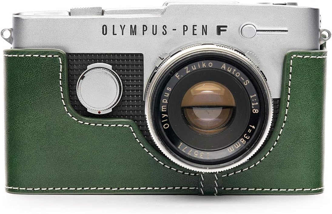 Pen-FT Case, BolinUS Handmade Genuine Real Leather Half Camera Case Bag Cover for Olympus Pen-FT Film Camera with Hand Strap (Green)