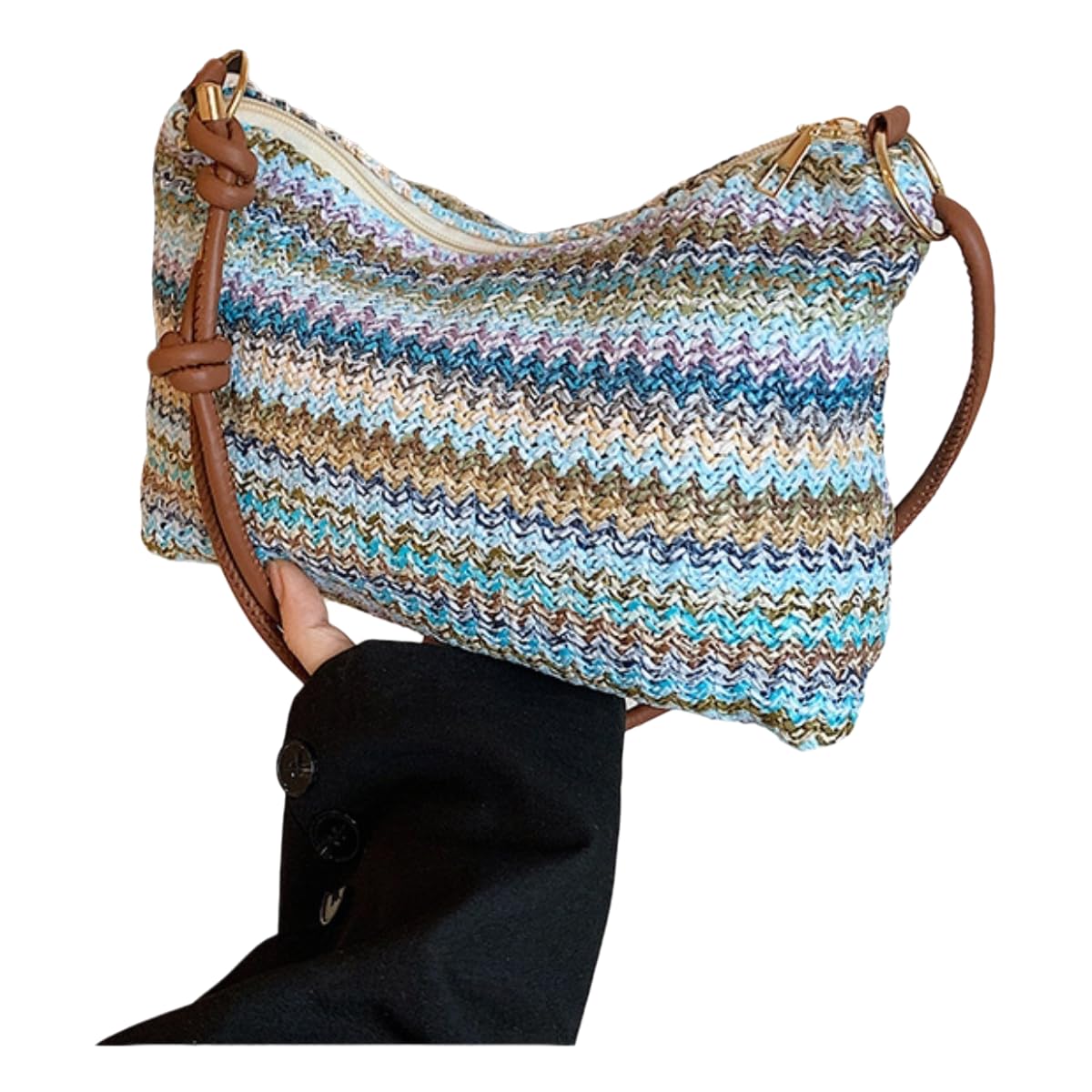 Borsa di Paglia Donna Tessuta A Righe da - con Moneta Rimovibile E Chiusura Cerniera-Blue