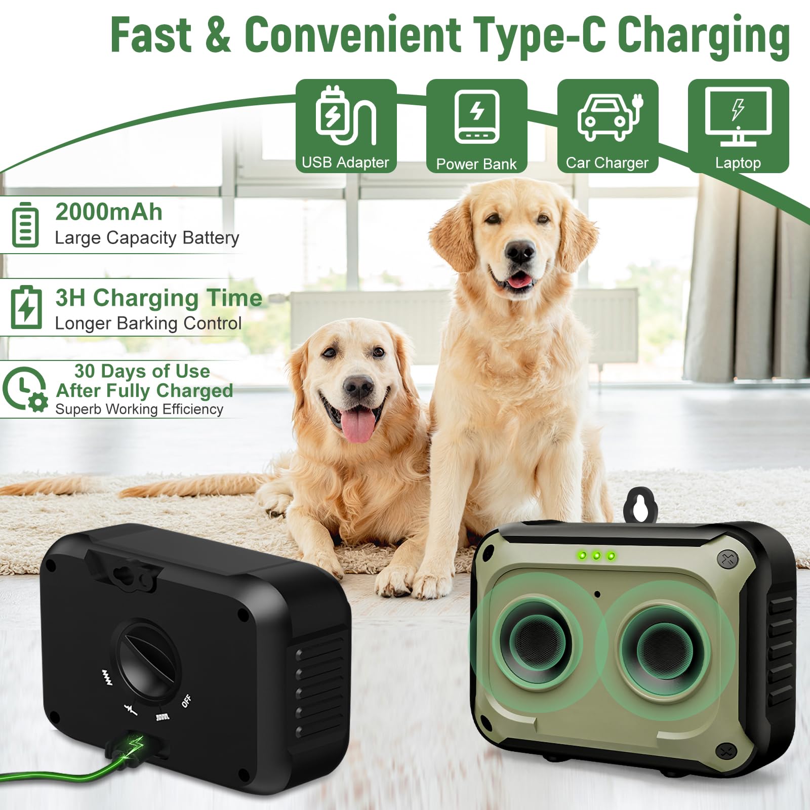 Podazz Dispositivo Anti-Bell per Cani Fermapellare Ultrasuoni - 15m Raggio Ricaricabile Bell Dissuasore 3 modalità, Dispositivo di Addestramento Sicuro per Cani Interno ed Esterno