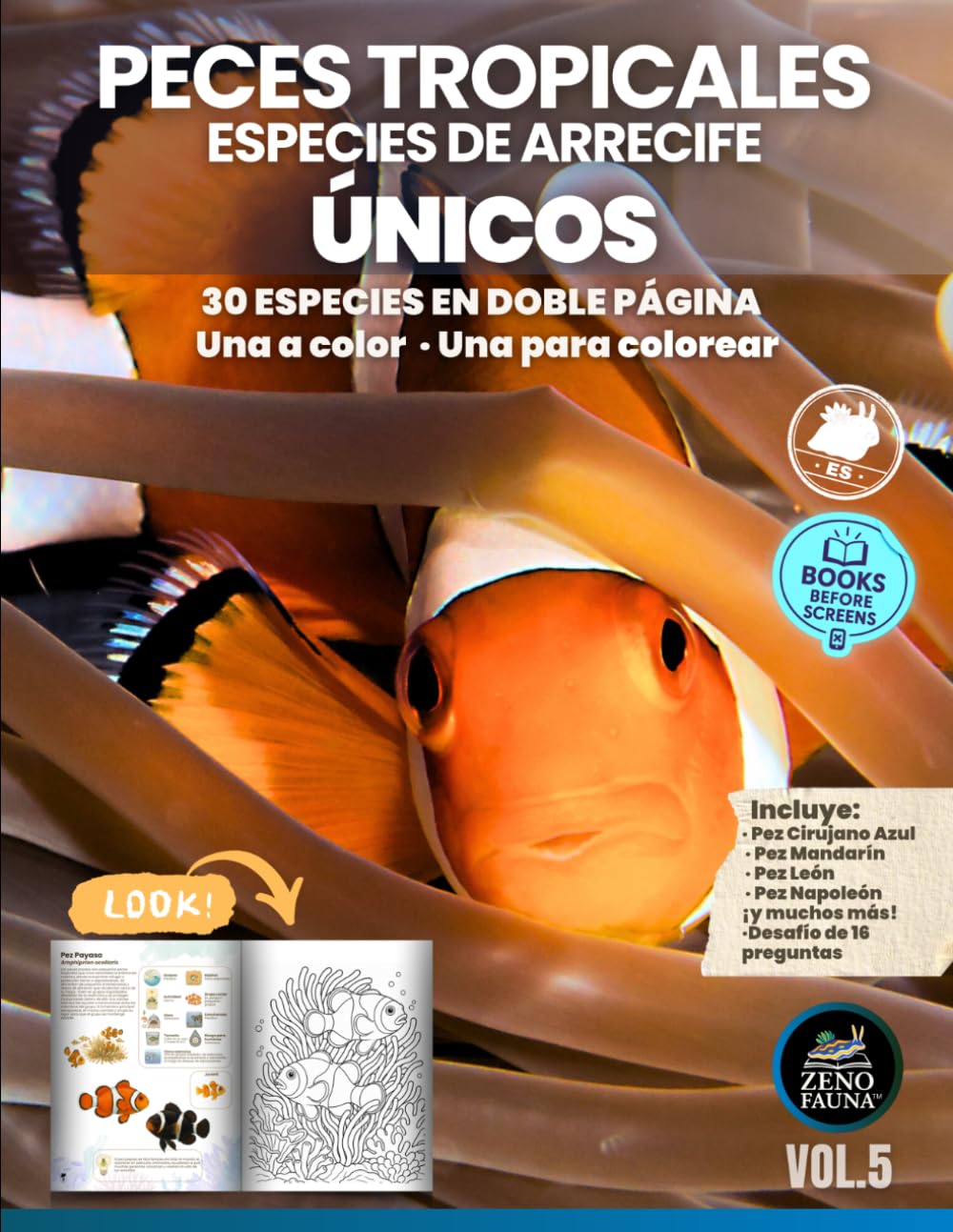 Peces Tropicales: Especies de Arrecife – Únicos: 30 especies en doble página · Una a color · Una para colorear (Animales Únicos)