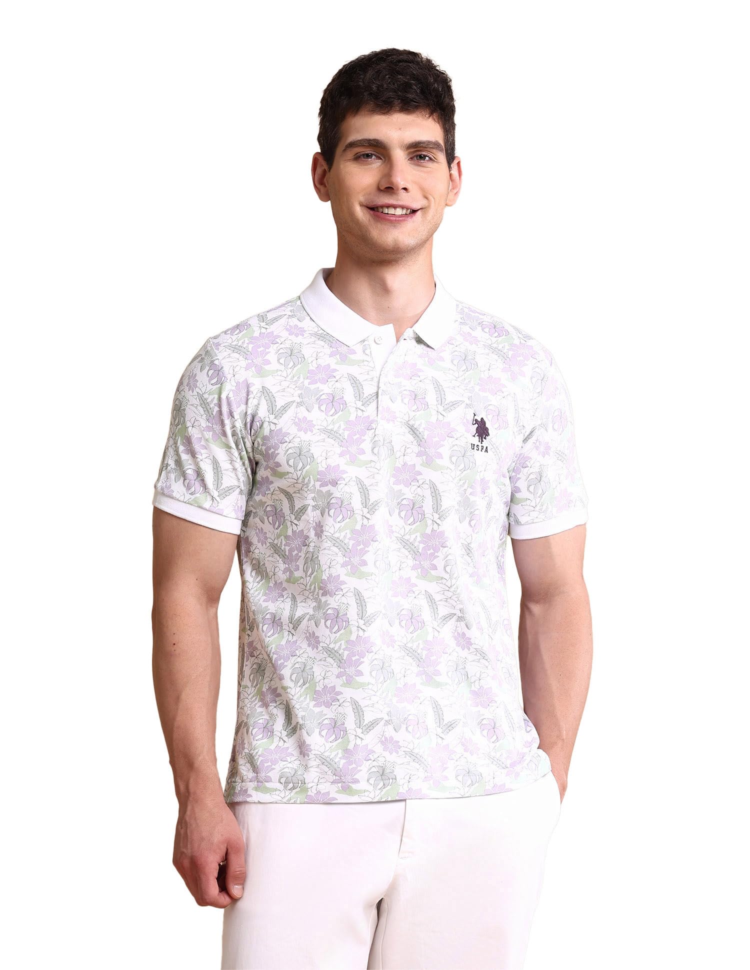 Men Cotton Slim Fit Floral Printed Polo Shirt-image-14