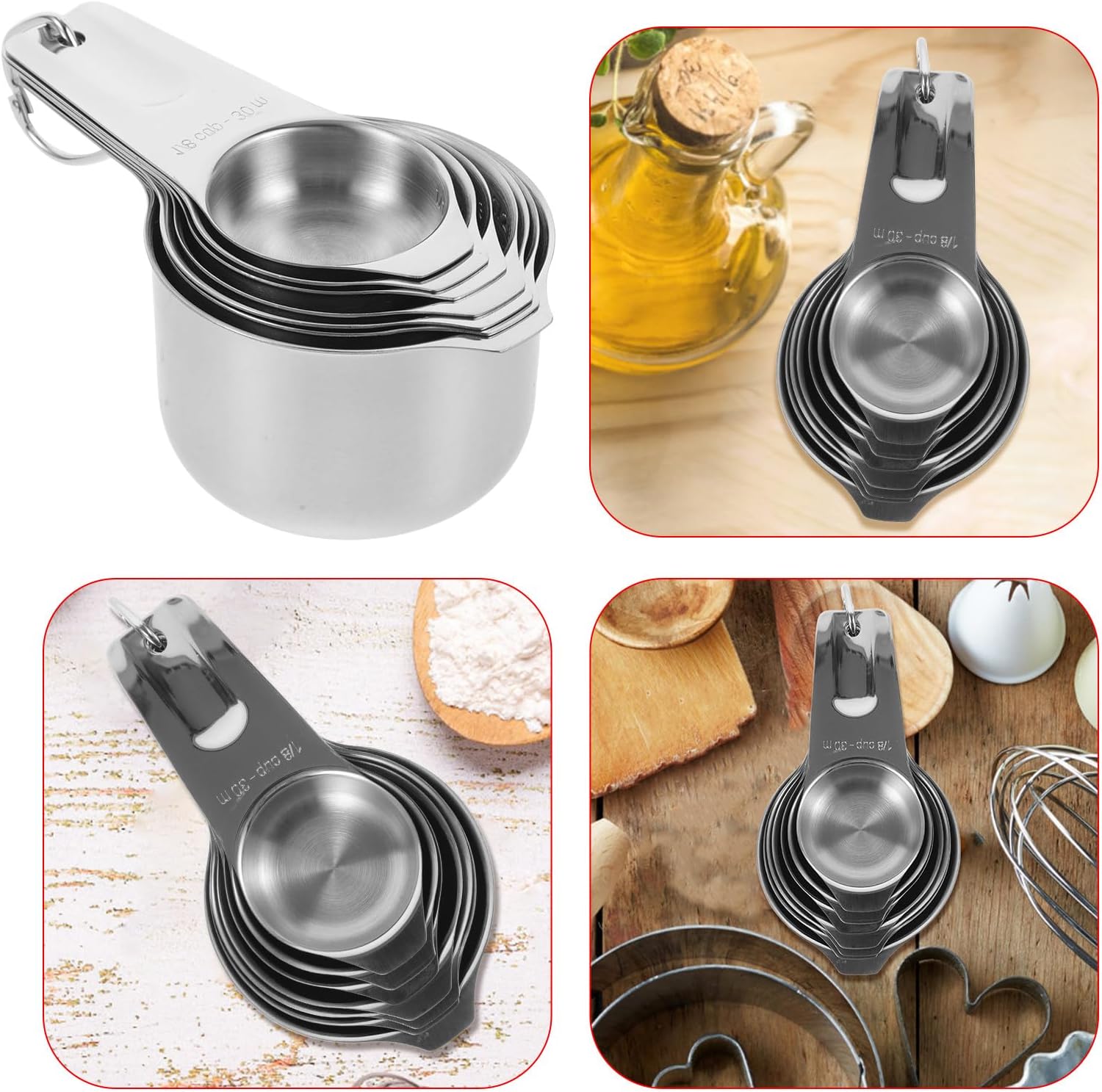 Stainless Steel Measuring Cups Set with Accurate Laser Scale, 7pcs Baking and Cooking Measuring Tools for Kitchen Use, Sturdy 0.8mm Thick Cups for Home and Professional Bakers