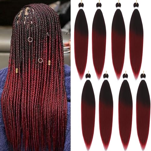 Ombre Burgundy Red Braiding Hair Pre Stretched 26 Inches EZ Braiding Hair Yaki Texture 8 Packs/Lot Braid Hot Water Setting Professional Synthetic Braiding Hair Extensions (8pcs,30",#1B/900)