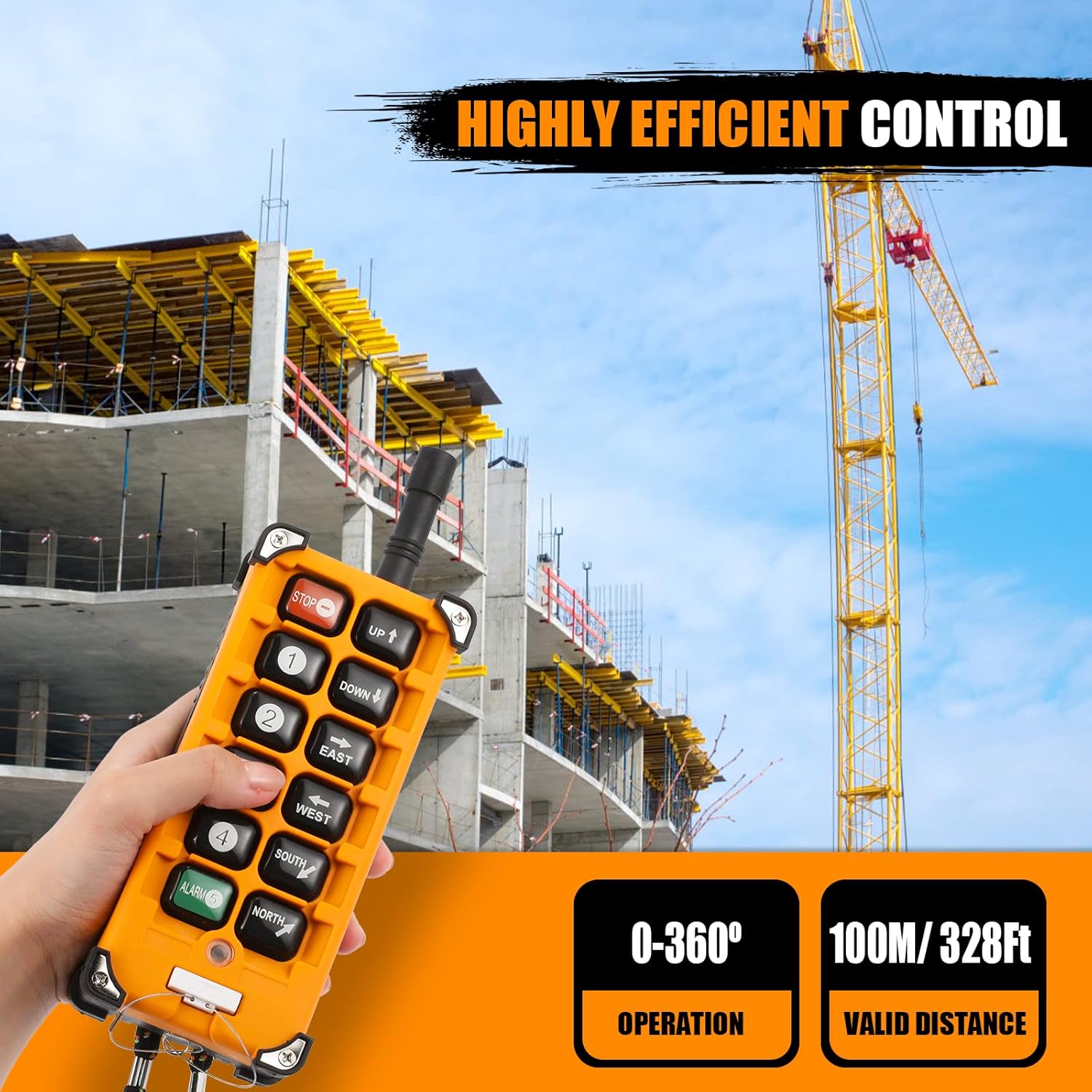 A hand holding the NEWTRY wireless crane remote control transmitter with a large industrial crane in the background, illustrating the effective control range of 100 meters.