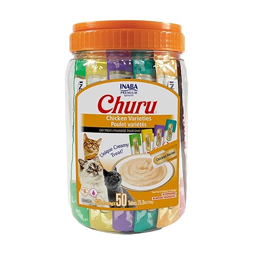 INABA Churu Cat Treats, Grain-Free, Lickable, Squeezable Creamy Purée Cat Treat/Topper with Vitamin E & Taurine, 0.5 Ounces Each Tube, 50 Tubes, Chicken Variety - Chicken Variety - 0.5 Ounce (Pack of 50)