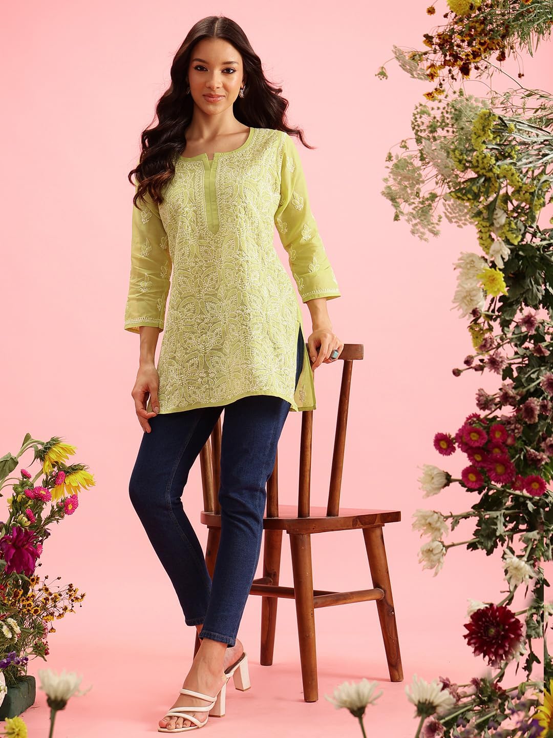 Ada Hand Embroidered Indian Chikankari Cotton Blend Tunic Short Kurti Top for Women A911280 - Image 7
