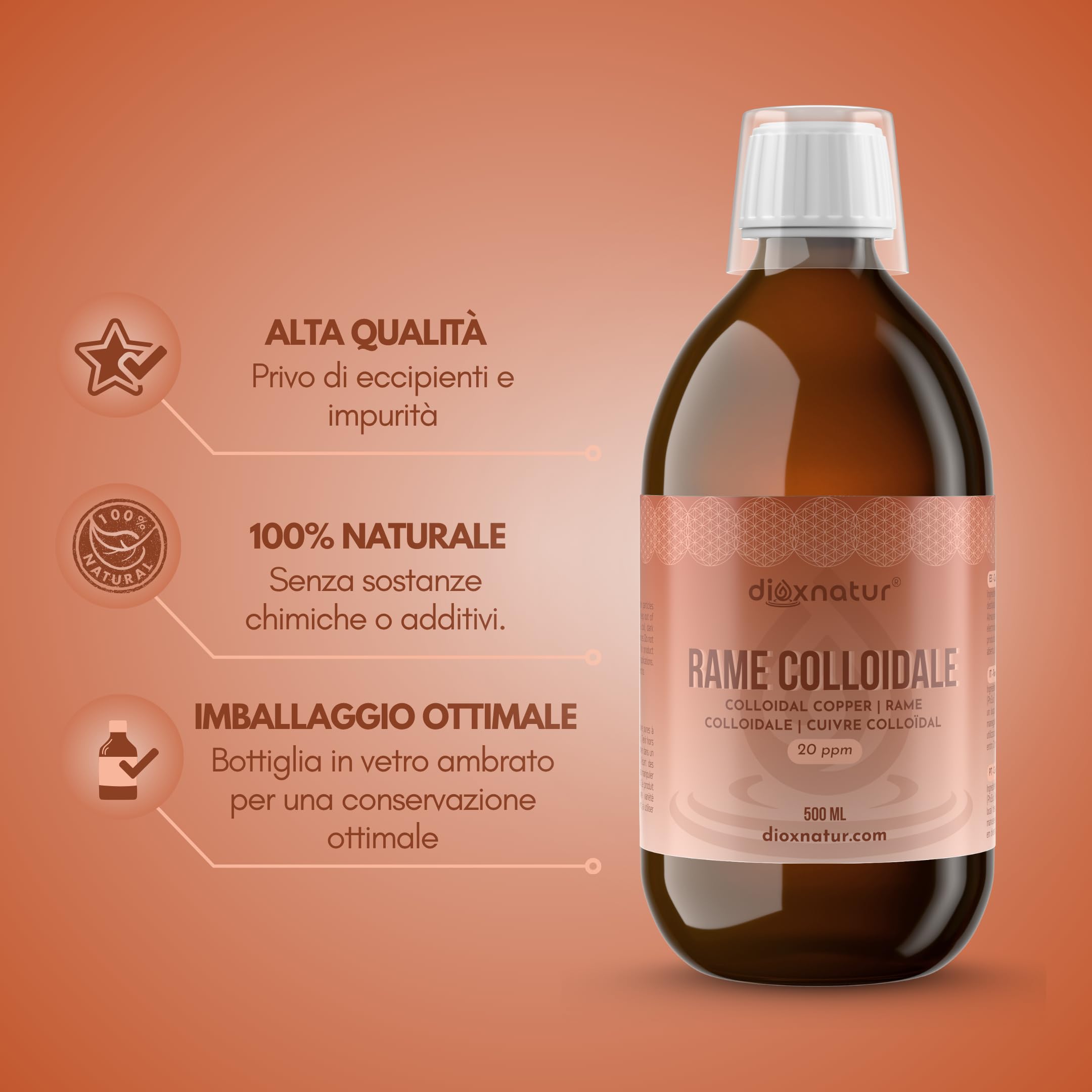 Rame Colloidale 500 ml - 20 ppm - 99,99% Purezza - Soluzione Liquida con Acqua Bidistillata - Flacone Vetro Ambra con Bicchierino Graduato