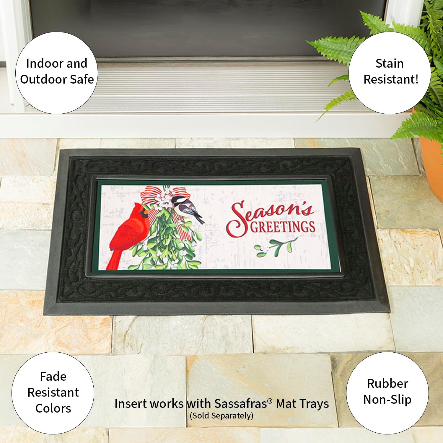 Evergreen Mistletoe and Cardinal Sassafras Switch Mat Inserts, Interchangeable Front Door Mat Outdoor Entrance, Indoor Door Mats for Entryway, 22 x 10 Inches Sassafras Doormat Inserts