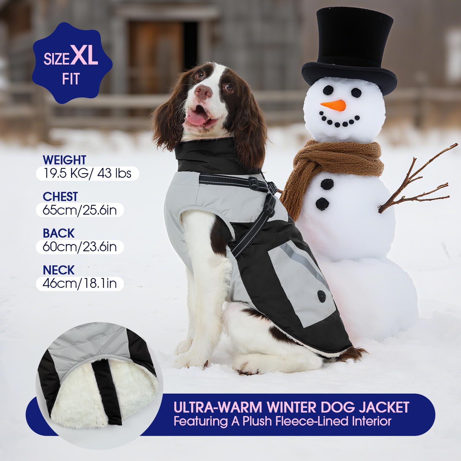 FUAMEY Chaqueta para perro, abrigo de invierno impermeable y reflectante con arnés y cremallera integrados, talla XXXL extra grande, color negro, con bolsillos para bolsas de excrementos