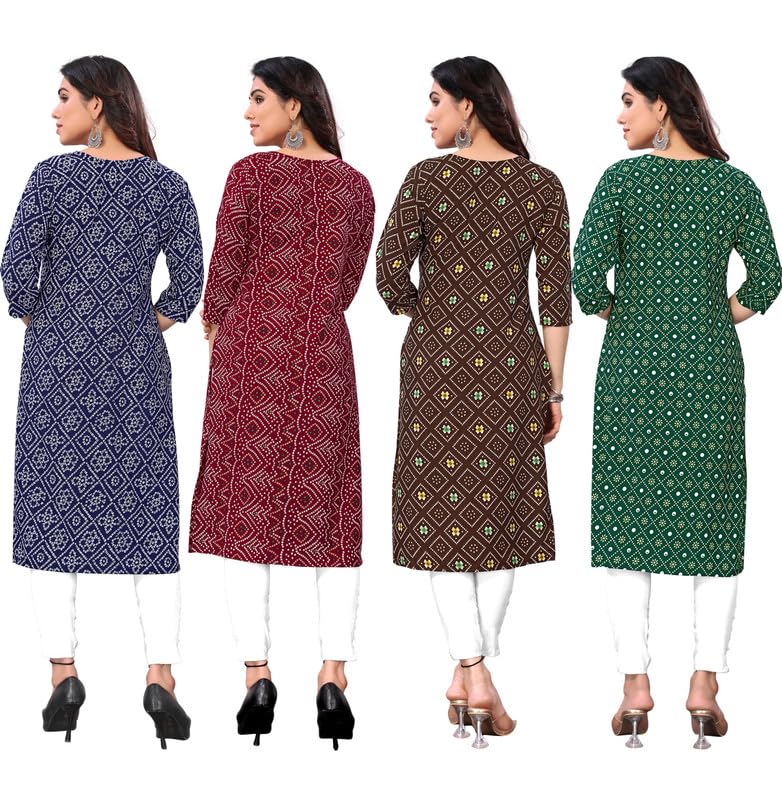 Image of JAKHANA Women's Crepe Printed Casual Straight Calf Length Round Nick Kurta Pack of 4