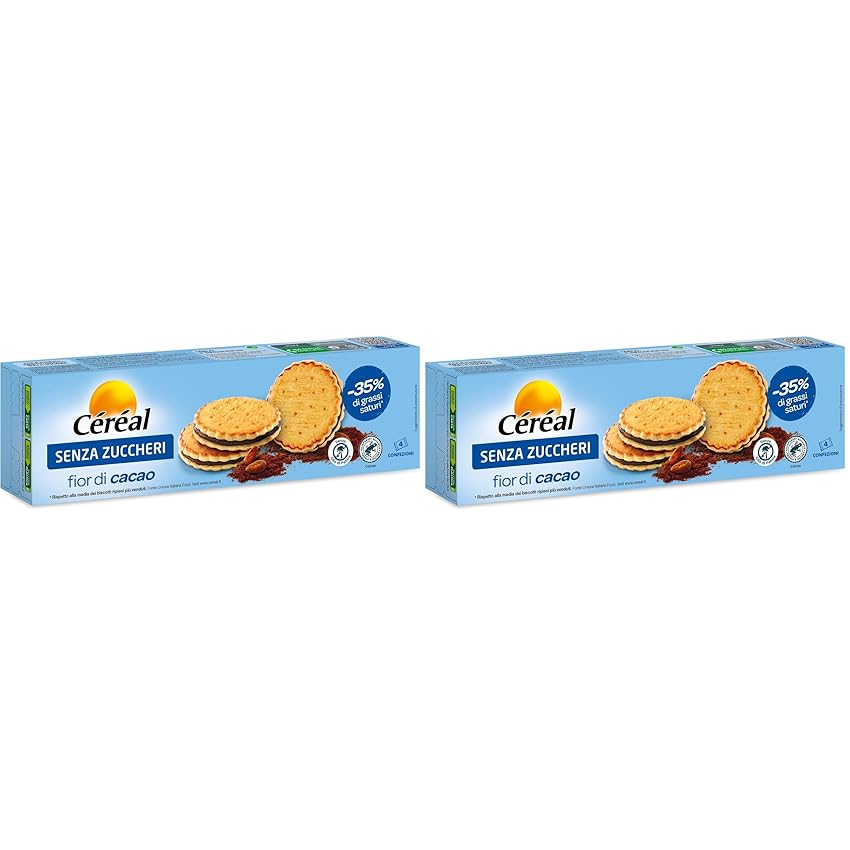 Céréal Biscotti SENZA ZUCCHERI, Fior di Cacao merendine dolci senza zuccheri, 185 g (Confezione da 2)