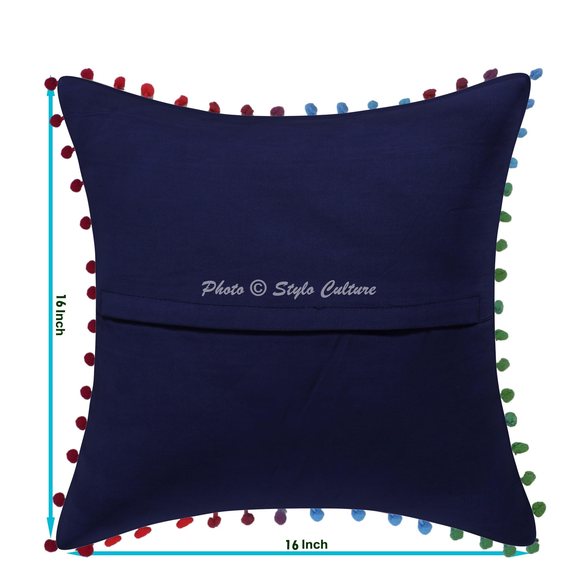 Bohemien Dekorativ Baumwolle Couch Kissenbezüge 40x40 cm Dunkelblau Dekokissen Suzani Bestickte Pom Pom Spitze Schlafzimmer Sofa Kissen Bezüge Blumen Quadrat Kissenhullen - 4 STK.