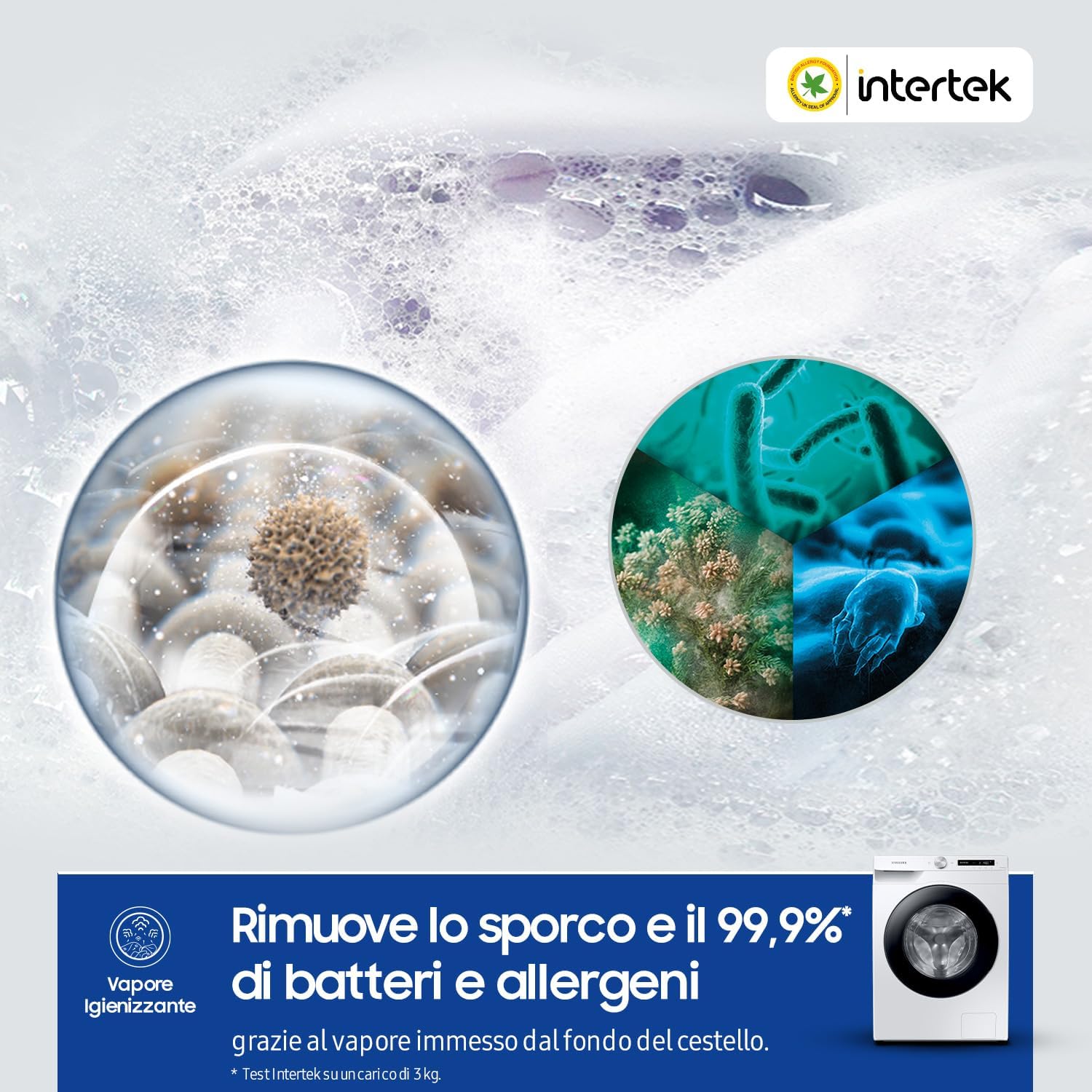 Illustration showing the steam wash process inside the washing machine drum, with bubbles and particles representing bacteria and allergens being removed.
