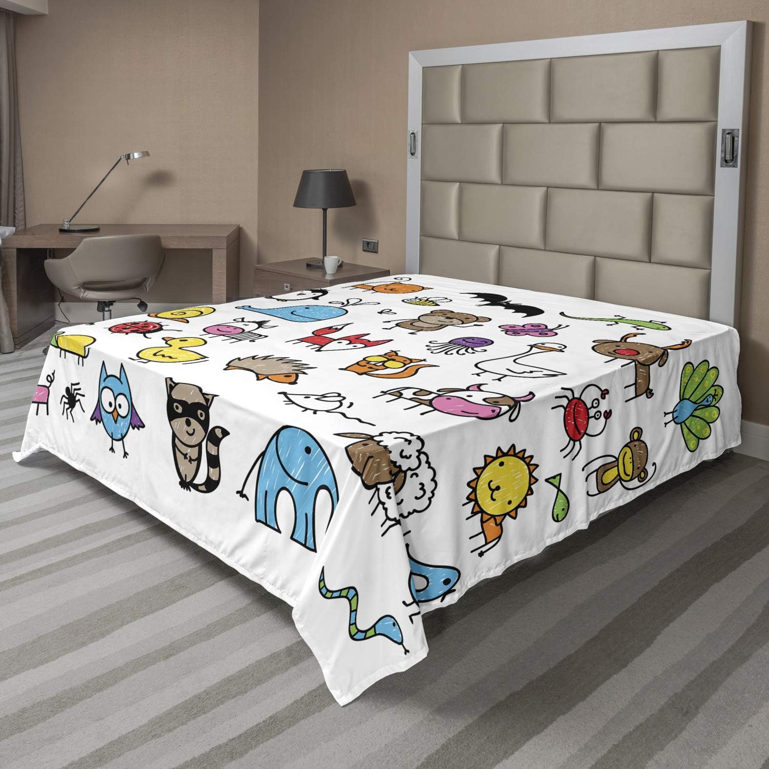 Ambesonne Cartoon Flat Sheet, Arrangement Style Animals Drawn in Friendly Manner Fun, Soft Comfortable Top Sheet Decorative Bedding 1 Piece, Full Size, Multicolor
