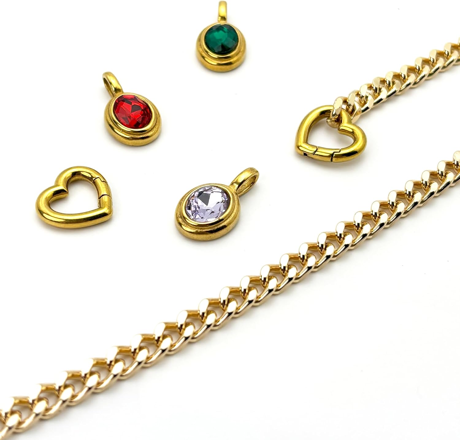 Heart Slip Chain Necklace for Women, Gold Cuban Chain with Removable Heart O-Ring, Sparkling Crystal Pendant, Adjustable Y-Necklace, Dainty Statement Jewelry.