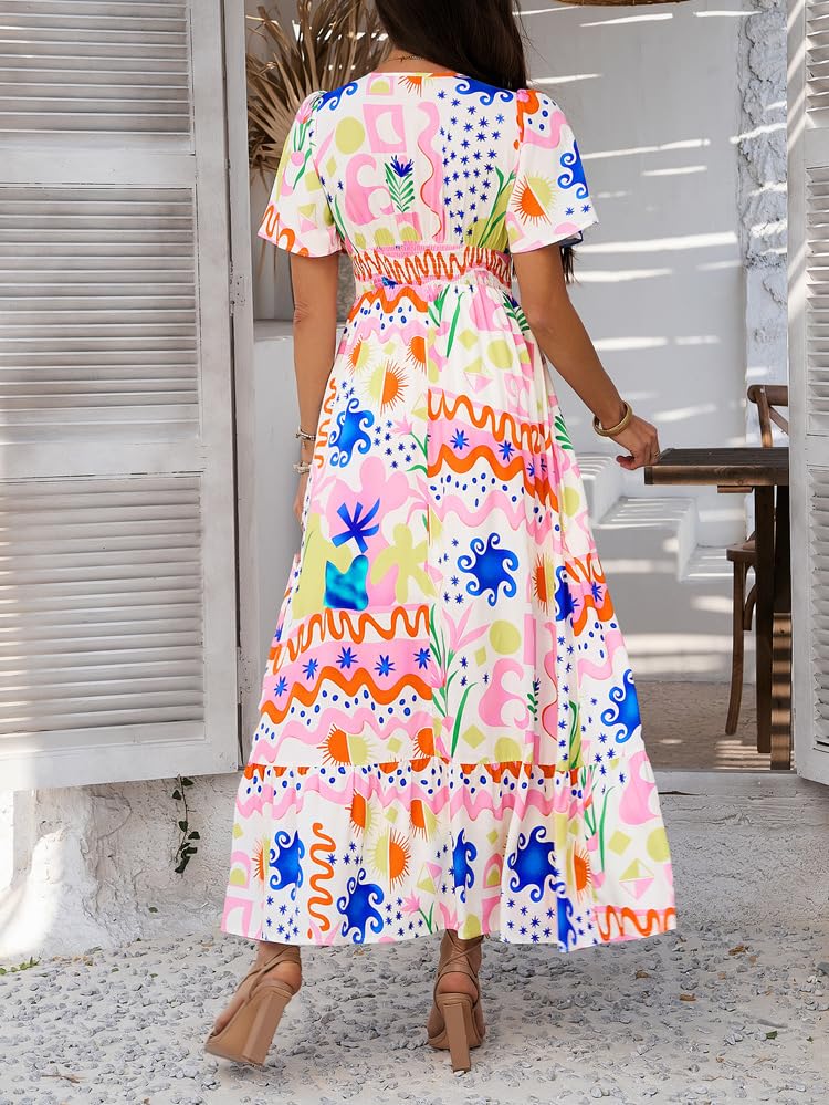 Image of Boho Floral Maxi Dress for Women 2026 Empire Waist Short Sleeve Dresses Summer Beach Vacation Wedding Guest Outfit