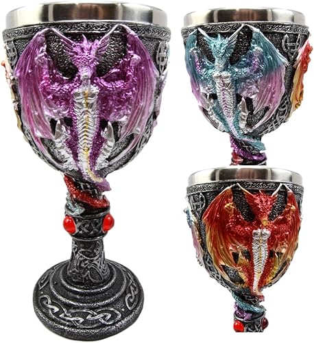 Ebros Gift Grande Rojo Azul Púrpura Noche Terror Alado Demoníaco Tríada Dragón Bebida Copa Cáliz Figura Cáliz 8oz Mazmorras y Dragones Fantasía