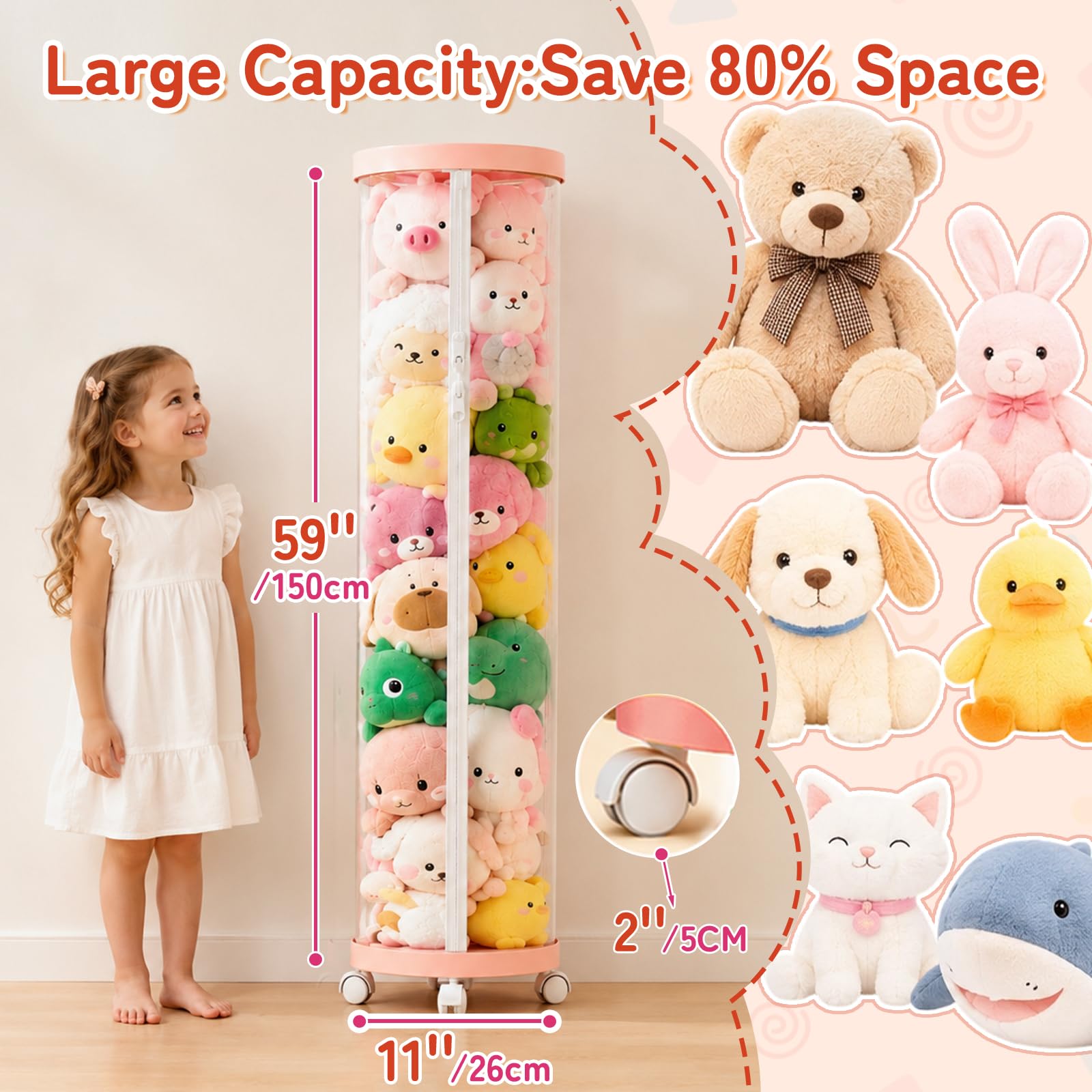 Tubo de almacenamiento mejorado para animales de peluche, organizador de felpa alto (150 cm) con 4 ruedas, cubo transparente de PET rosa y doble cremallera, almacenamiento de juguetes que ahorra
