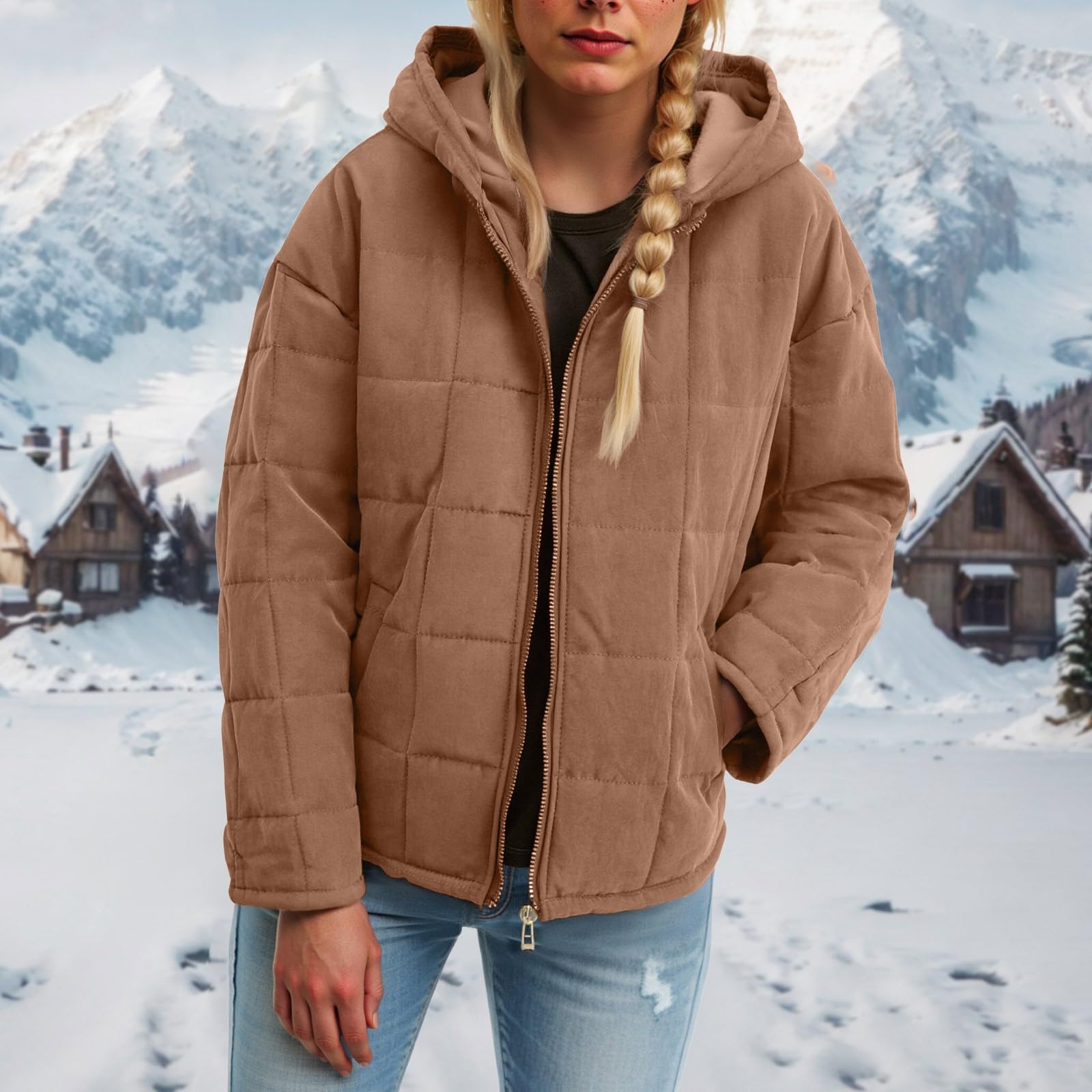 Abrigo de manga larga con capucha, cremallera y bolsillos de gran tamaño para uso informal al aire libre, comodidad y calidez en climas fríos. Ropa de abrigo de moda.