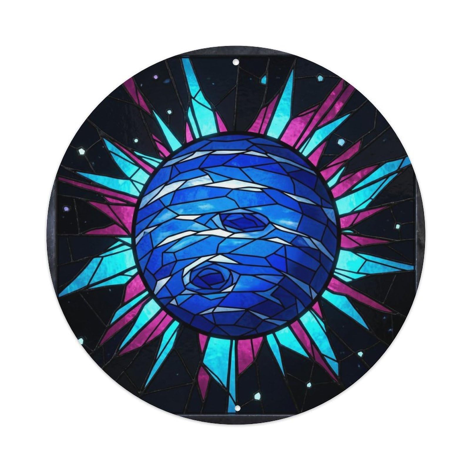 Cosmic Stained Glass Blue Planet Celestial Galaxy Orbit Metal Tin Sign Plaque Wall Decor for Cafe, Man Cave, Club Bar, Office, Home Garden Round Metal Poster 8x8Inch