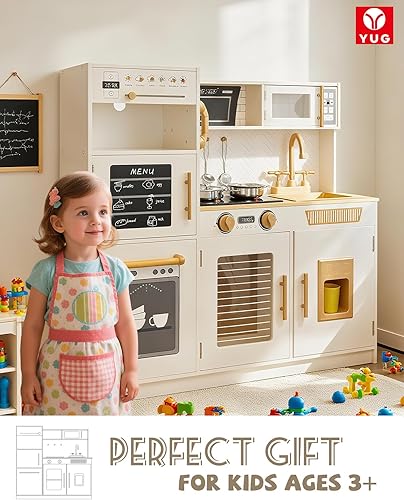 Miniatura 7 de YUG Juego de cocina para niños con luces y sonidos reales, incluye estufa, horno, lavavajillas, máquina de hielo, juguete de cocina para niños y
