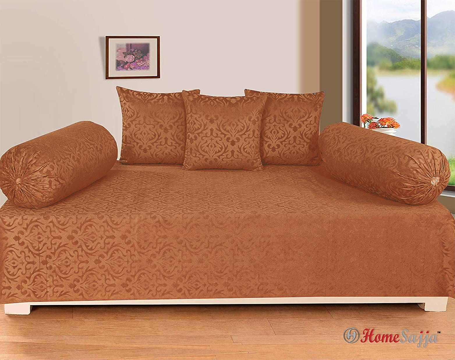 Homesajja Premium Velvet Diwan Sets - 1 Diwaan Sheet,2pc Bolster Cover with Dori,3pc Cushion Covers (6 Pieces Set) Camel Color-image-41