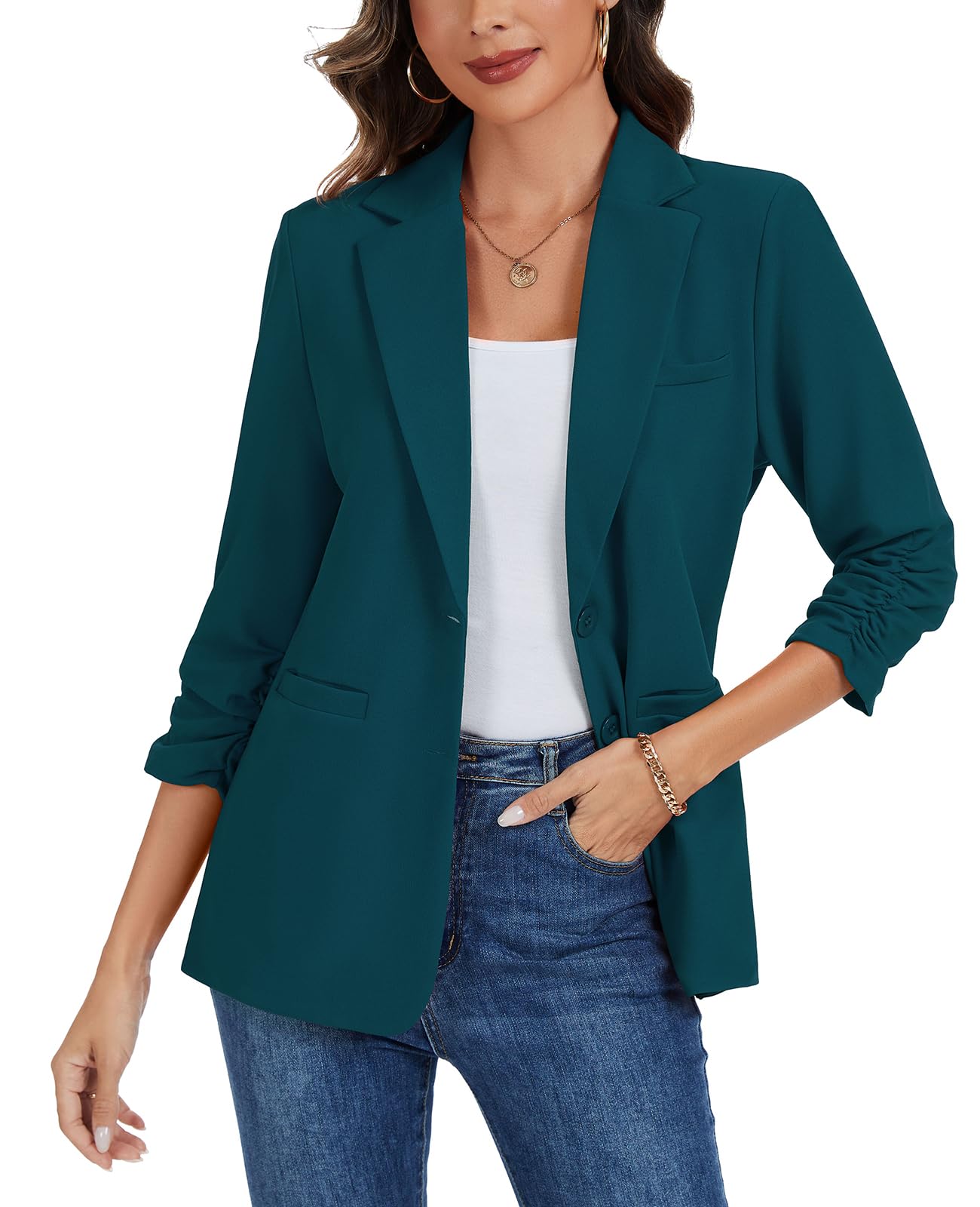 MINTLIMIT Ruched 3 4 Sleeve Blazer Jackets for Women Shoulder Pad Button Front Notch Lapel Casual Blazers with