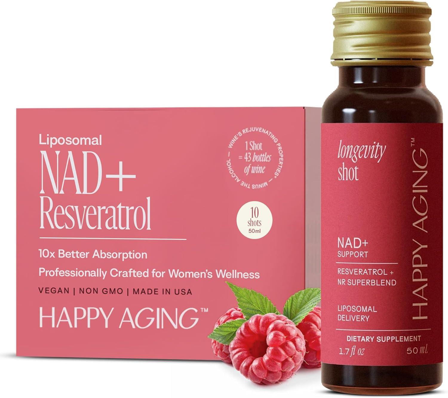 Happy Aging Liquid NAD+ Supplement for Women | Liposomal Nicotinamide Riboside & Resveratrol Shots for Energy, Skin Health & Brain Fog | NMN Alternative with Antioxidants | 10 Shots, 30-Day Supply