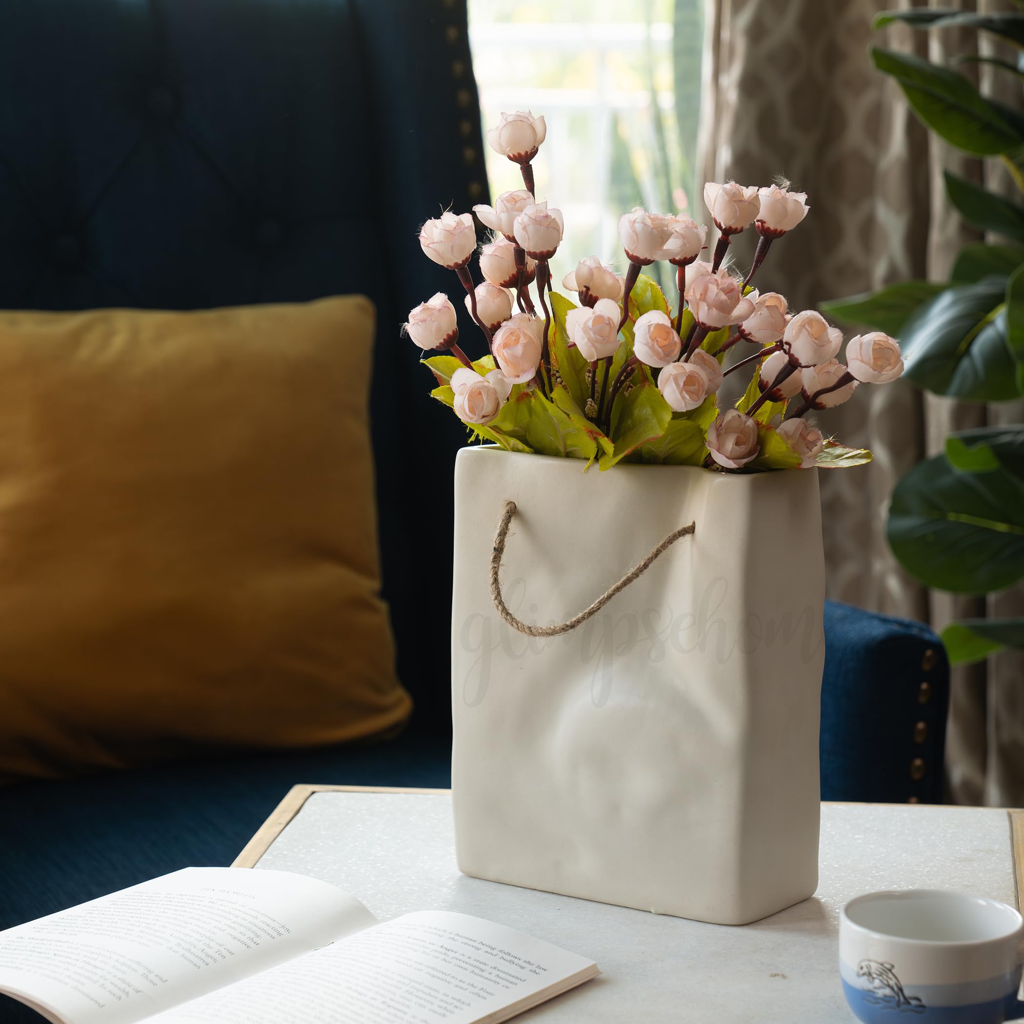 Glimpse Homes Crinkled Paper Bag Vase | Ceramic Flower Vase | Living Room Decor | 8 inch (Ivory White)-image-34