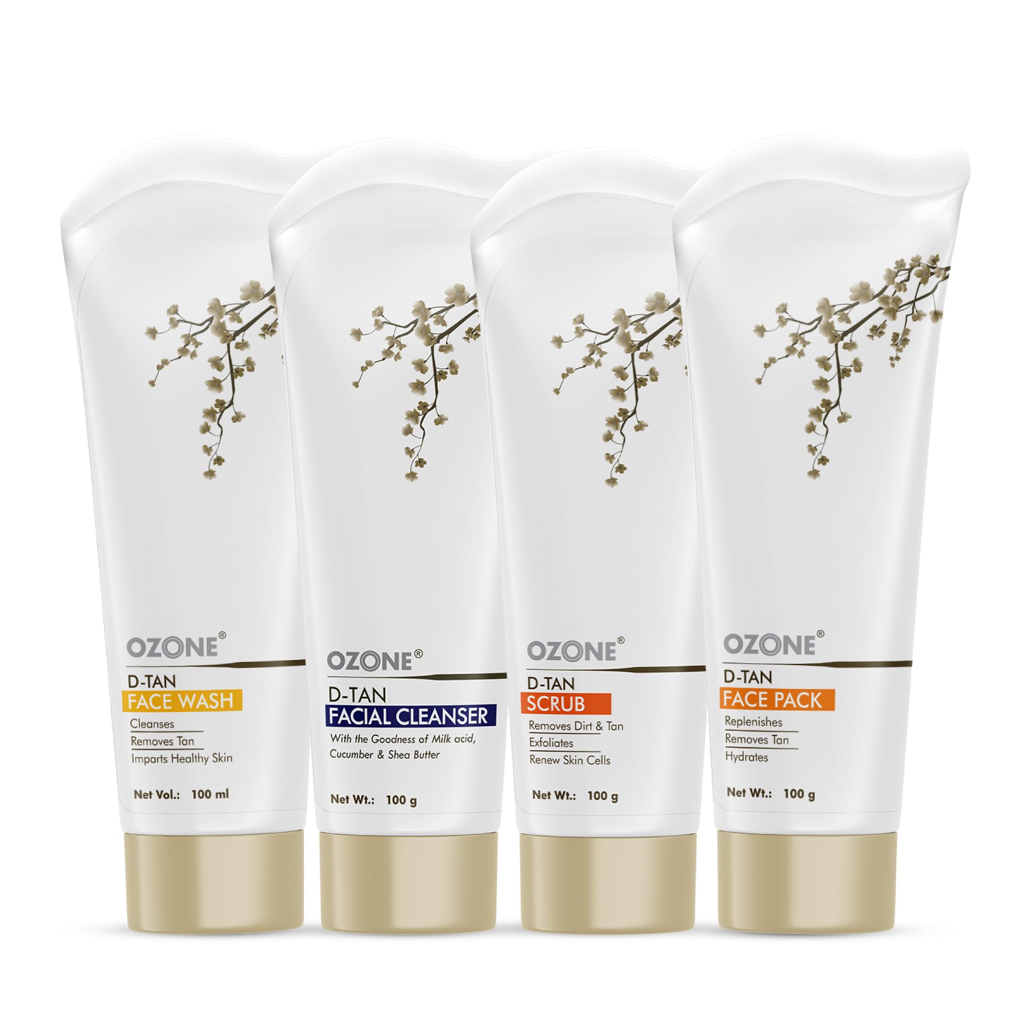 OZONE D-Tan Skin Care Combo | Instant Tan Removal For All Skin Types | Facial Cleanser, Pack, Scrub & Wash | 100gm each