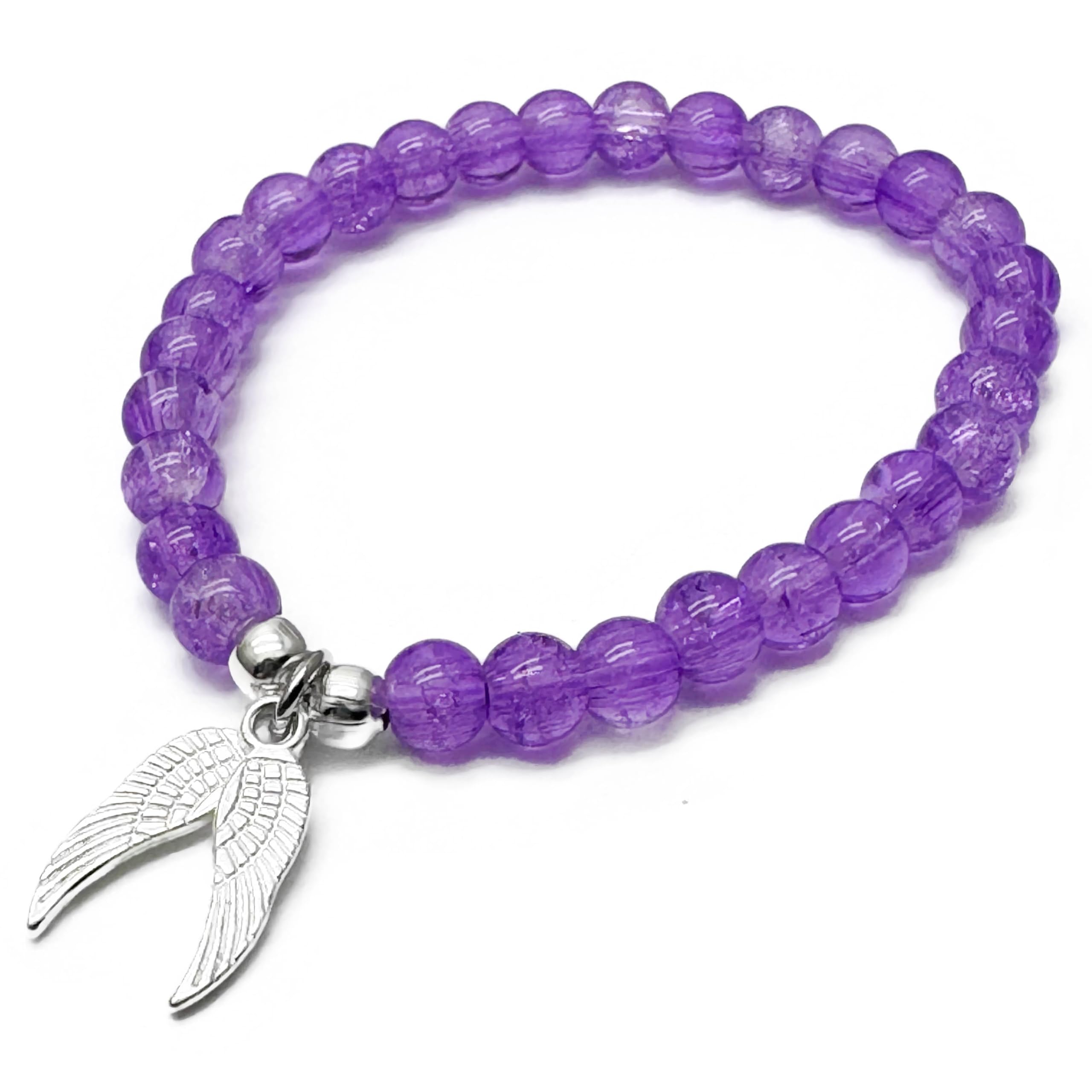 Angel Wings Charm Bracelet, 6mm Purple Crackle Glass Beads with Silver Tone Charm on Elastic, Size XS 6.5 inches, Gift for Girls and Women, Angel Lover Jewellery, Pretty Beaded Bracelet