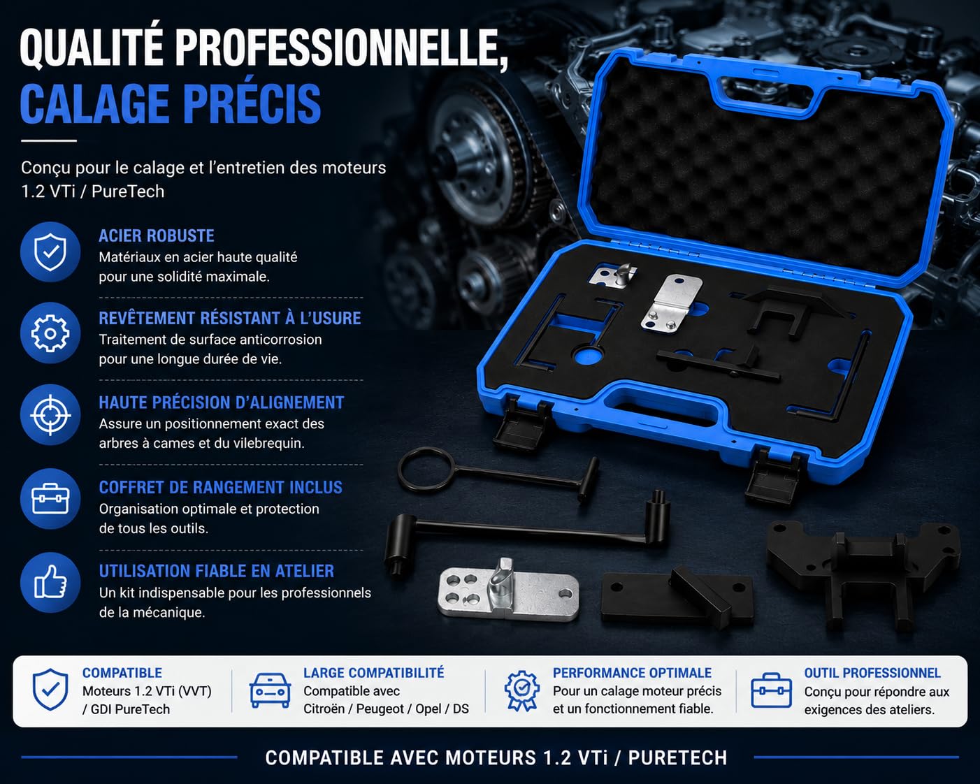Kit Calage Distribution 1.2 VTi GDI PureTech Essence, Outil Réglage Distribution Compatible avec Citroën Peugeot Opel DS, Moteur 3 Cylindres, 109-2C 109-2D 0109-2B G-0109-2E G-0109-6