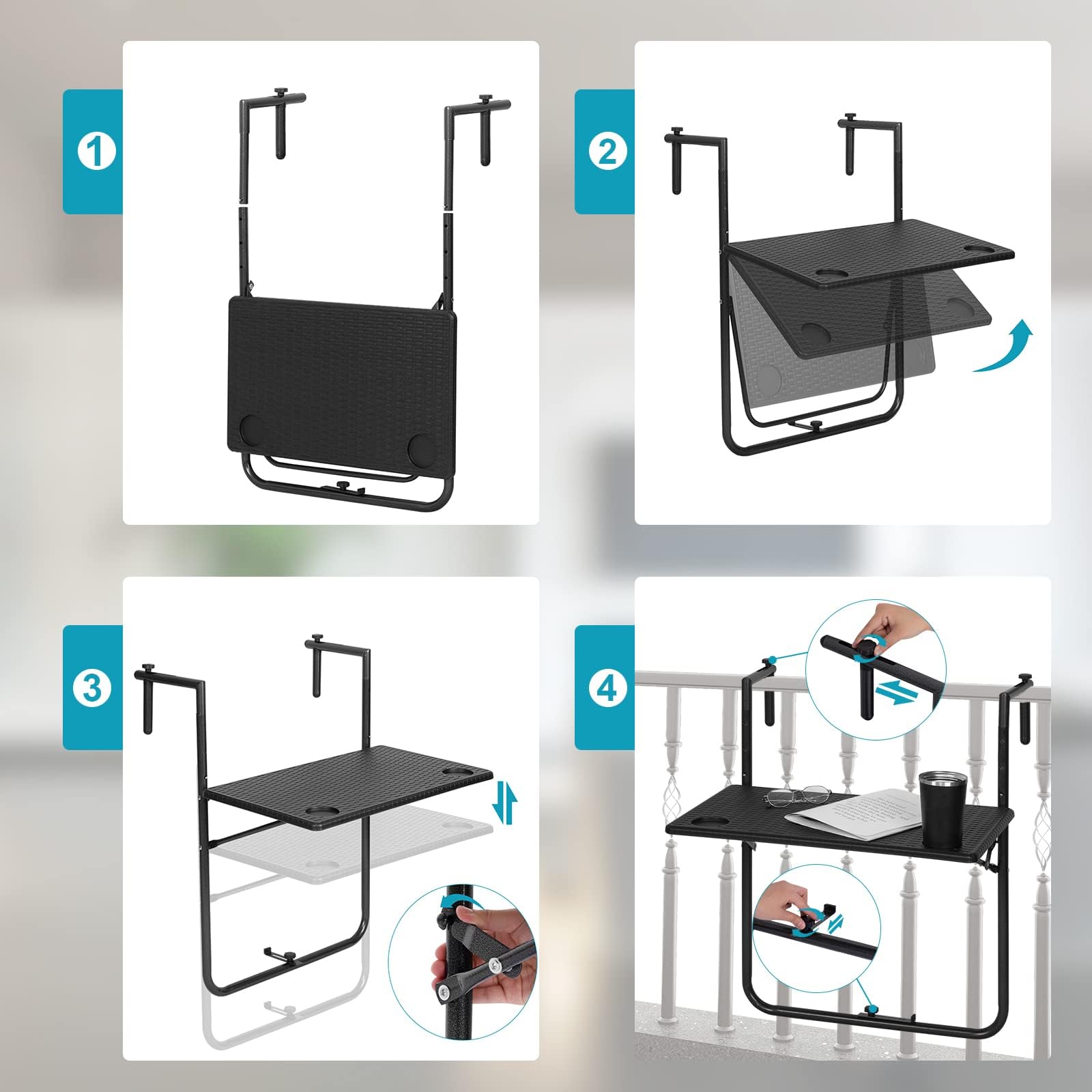 WOLTU Tavolino Pieghevole da Balcone Regolabile in 3 Altezze, Tavolo Sospeso per Ringhiera, Rattan, Nero