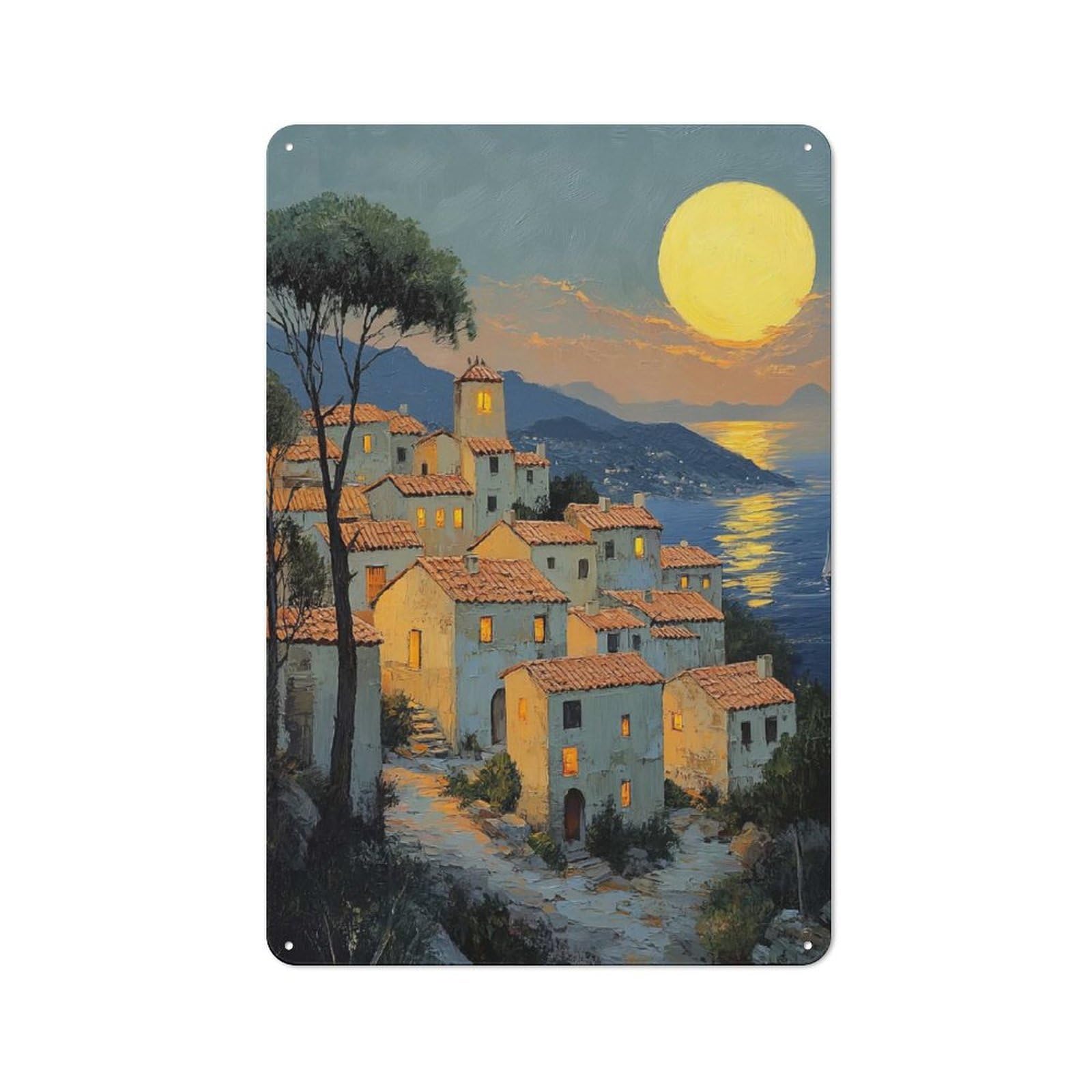 Junmoney Style-12 Mediterranean Village Sunset Cottage Style Metal Wall Decor 30X20cm, Tin Wall Plaque For Kitchen, Cottage, Porch Or Garden Room