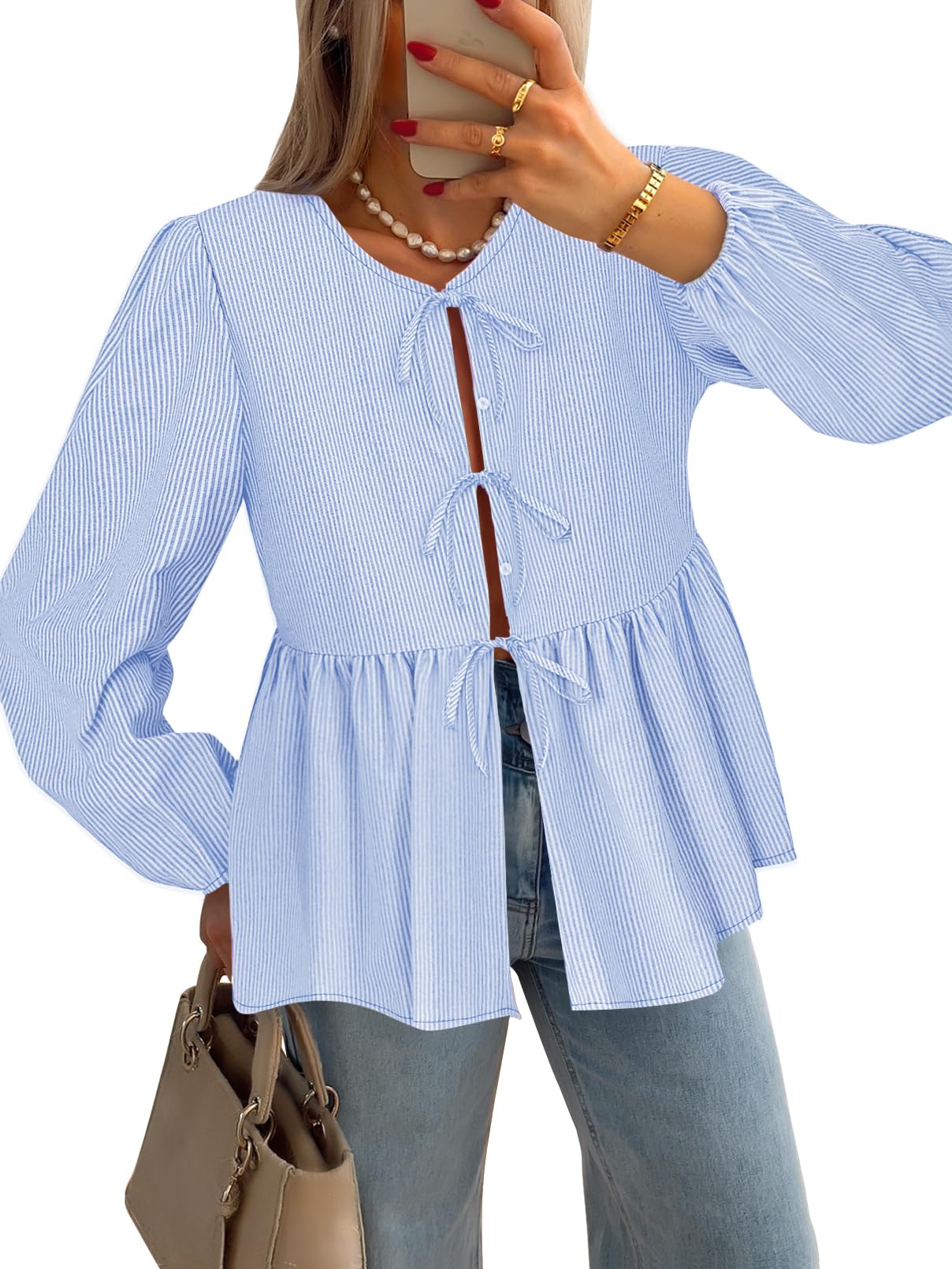 MEROKEETY Women's Tie Front Striped Peplum Tops Long Puff Sleeve Button Casual Babydoll Blouse Shirts