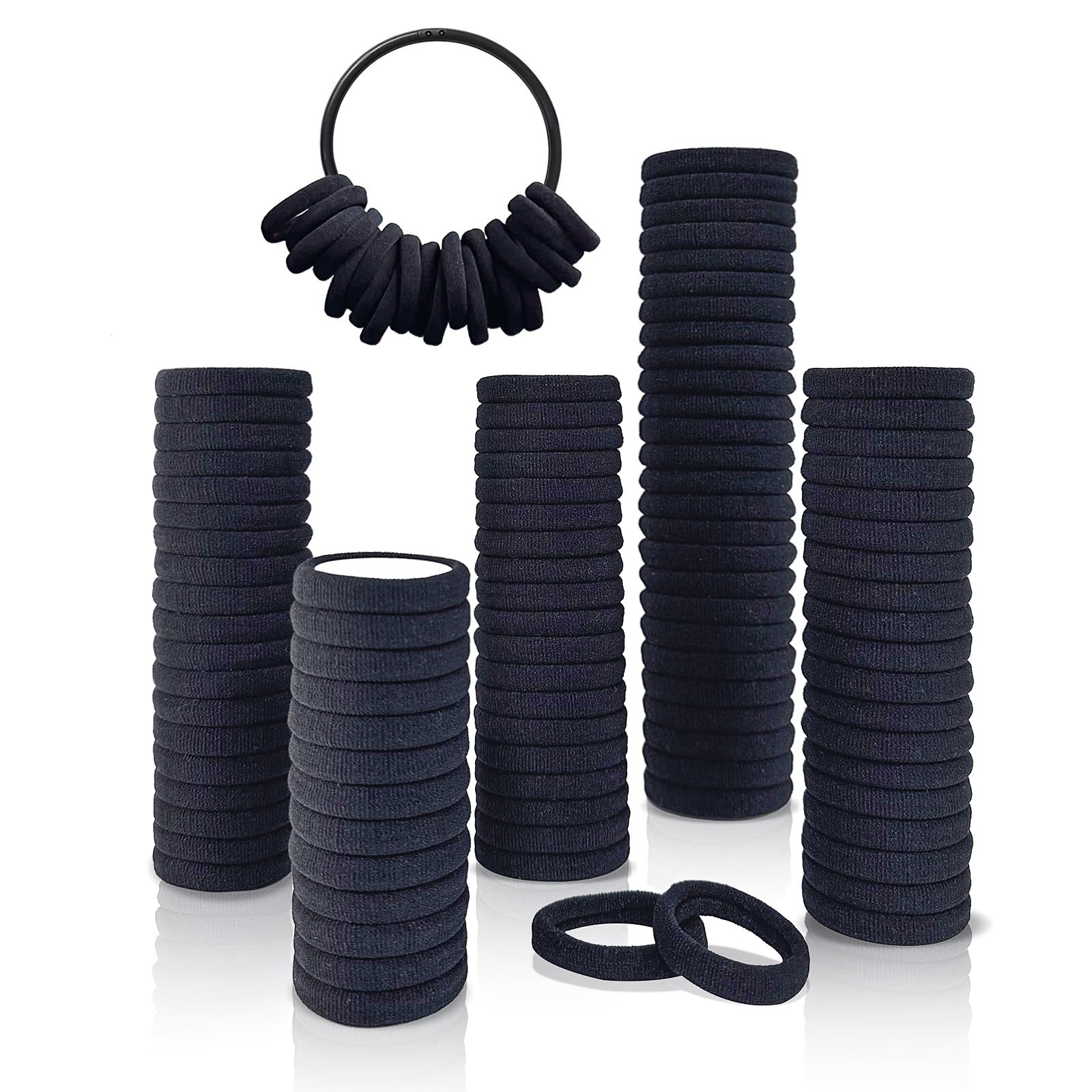 Elastici per capelli morbidi, in cotone nero, senza cuciture, con anello organizer gratuito, fasce per capelli di alta qualità per donne, uomini e ragazze (200, nero)